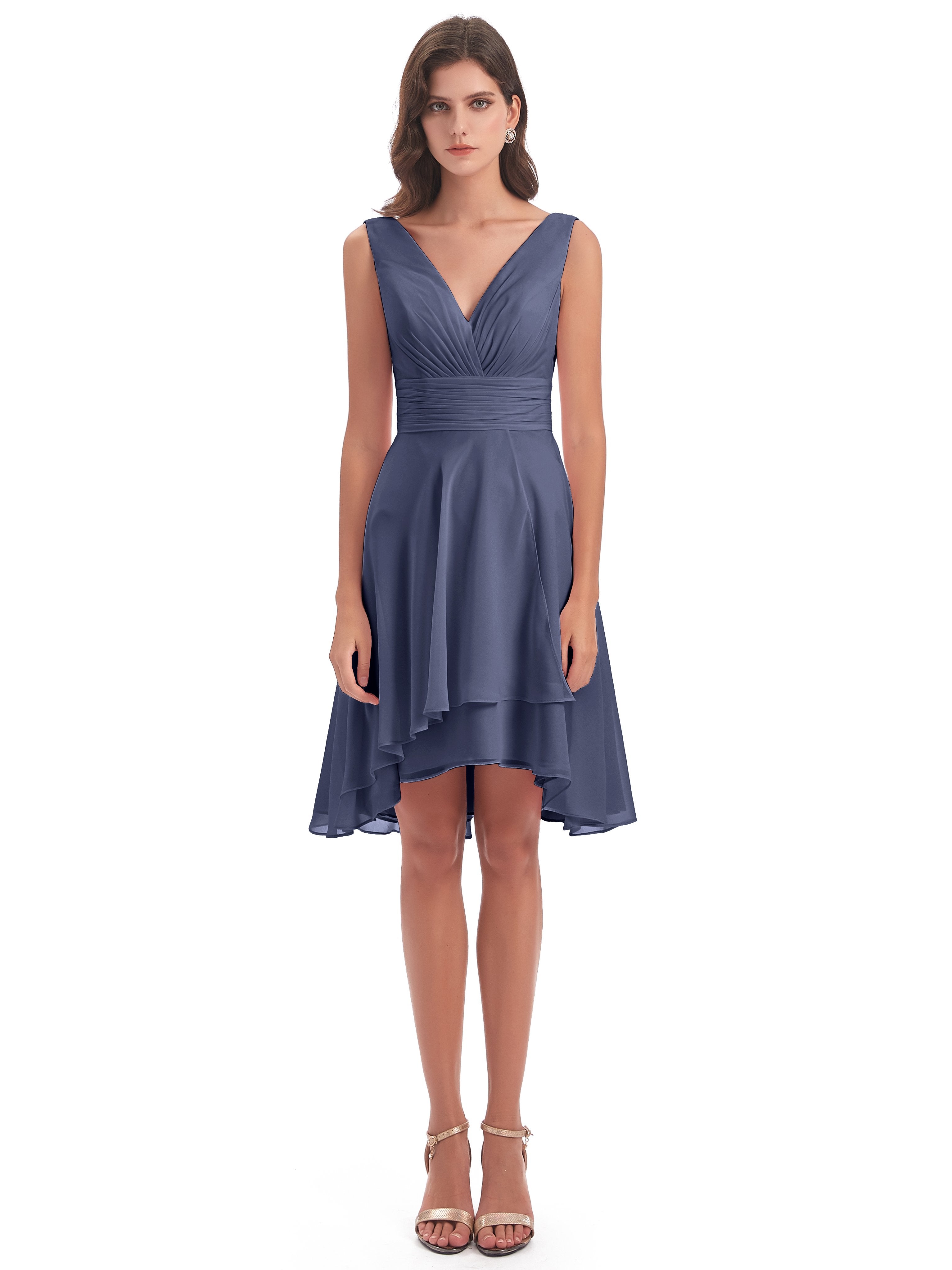 Esperanza Knee Length High Low V-neck Chiffon Bridesmaid Dresses