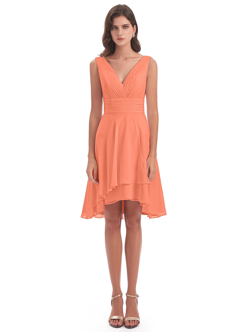 Esperanza Knee Length High Low V-neck Chiffon Bridesmaid Dresses