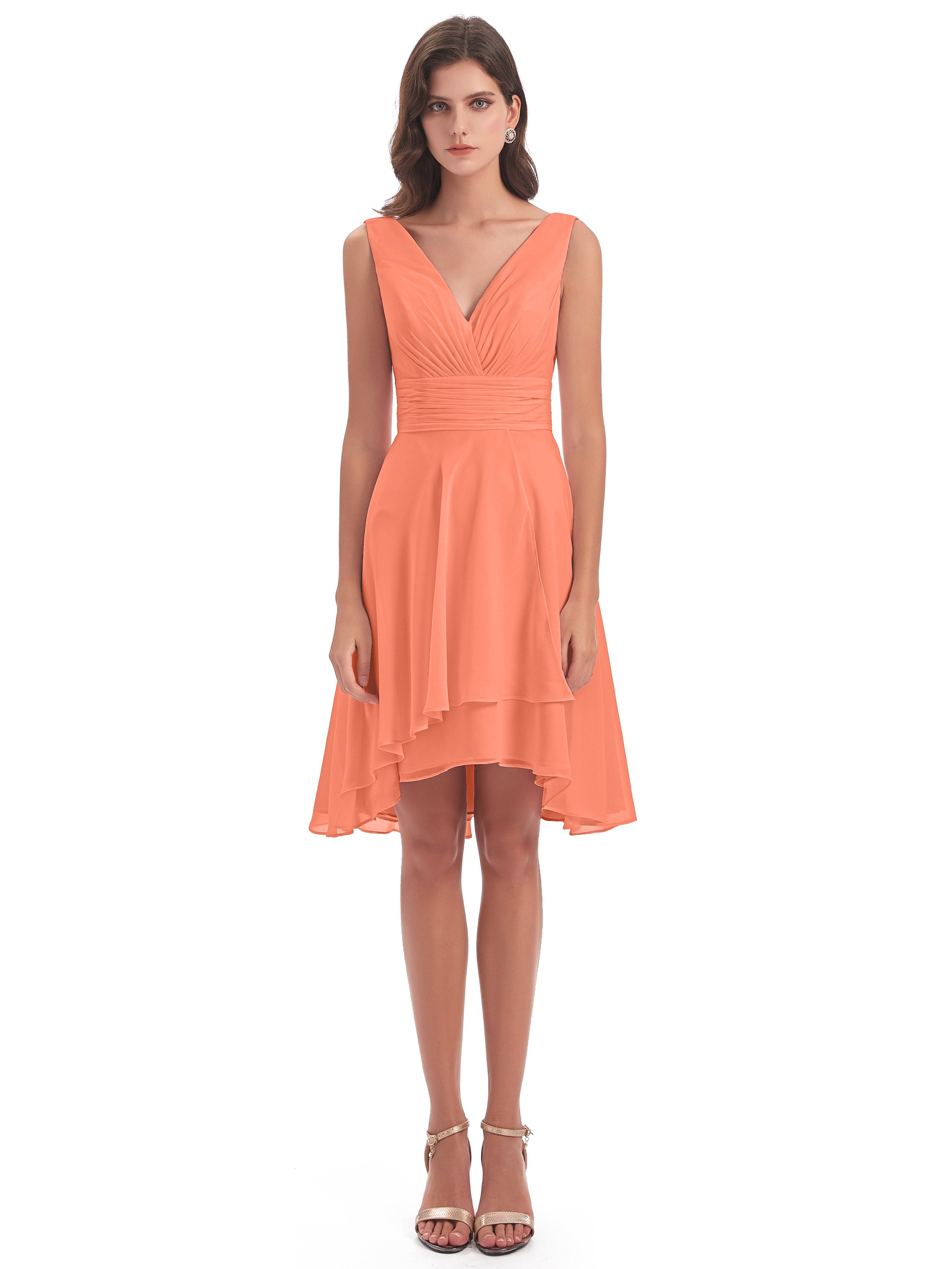Esperanza Knee Length High Low V-neck Chiffon Bridesmaid Dresses