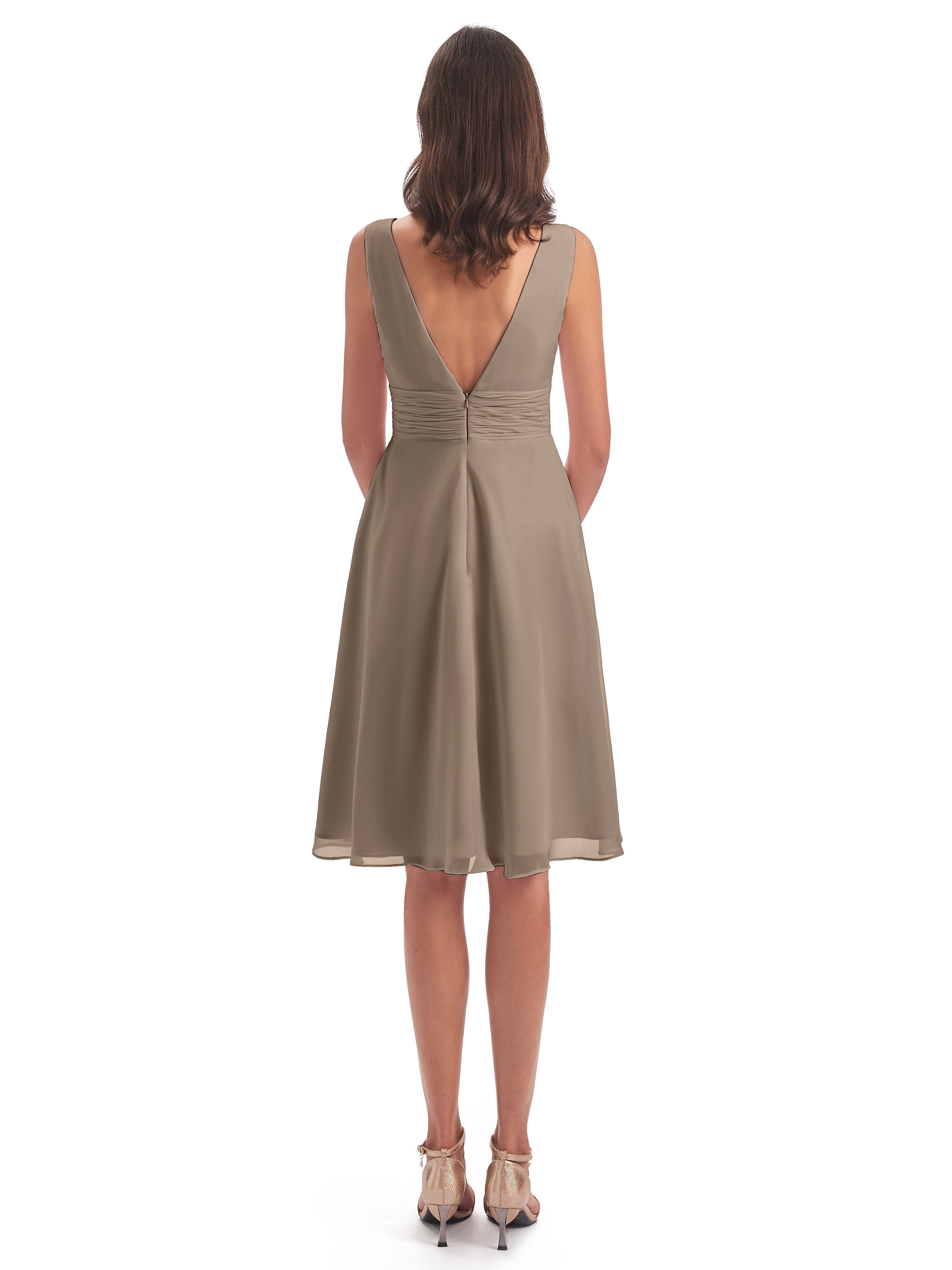 Esperanza Knee Length High Low V-neck Chiffon Bridesmaid Dresses