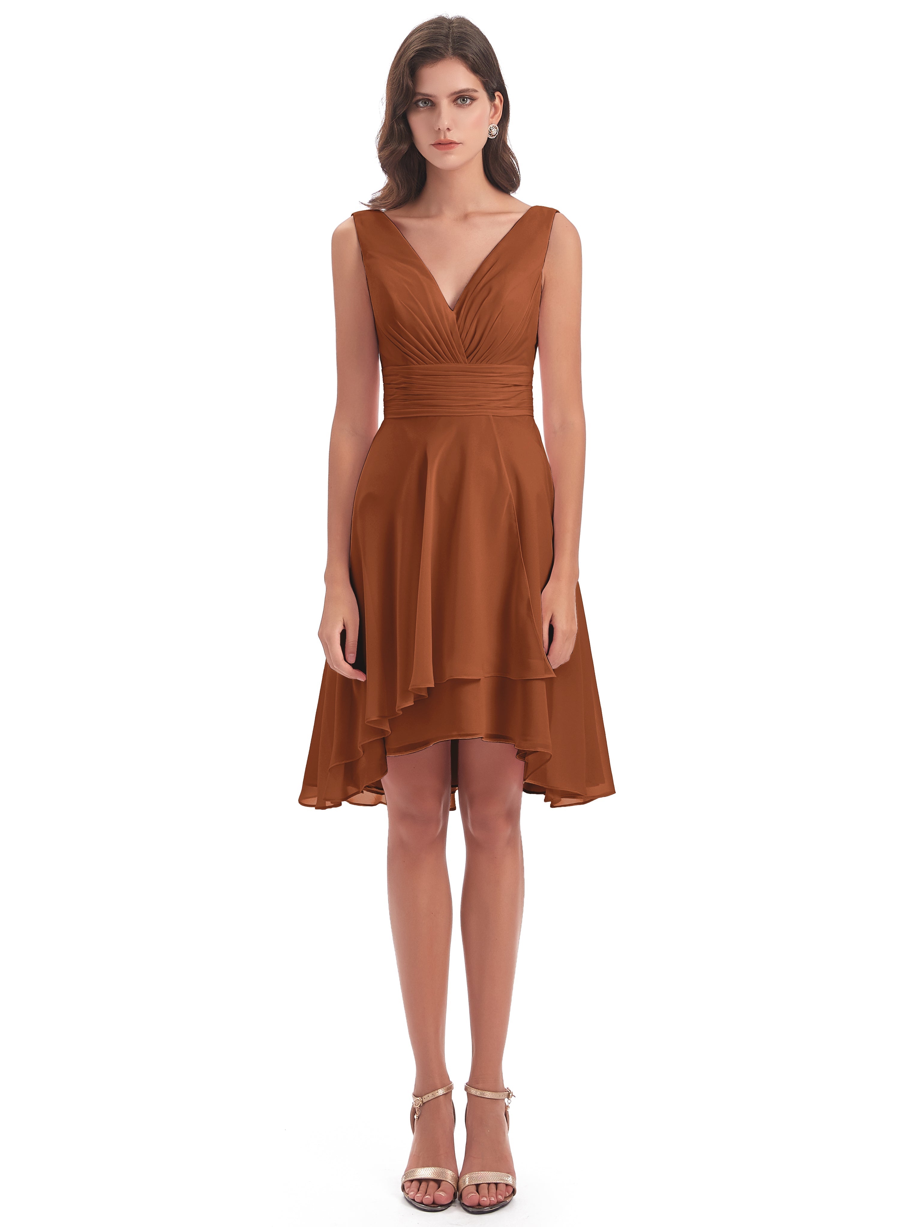 Esperanza Knee Length High Low V-neck Chiffon Bridesmaid Dresses