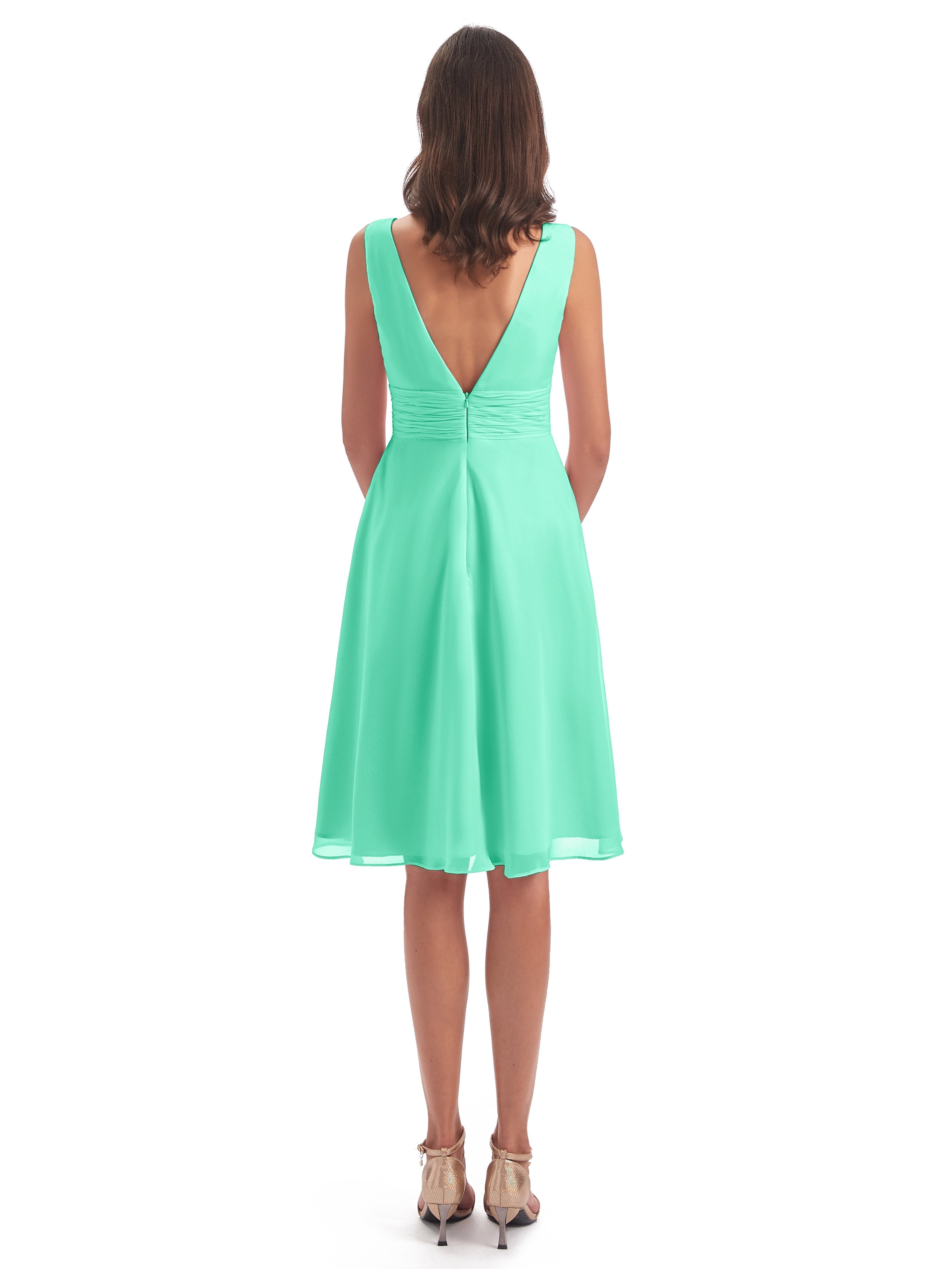 Esperanza Knee Length High Low V-neck Chiffon Bridesmaid Dresses