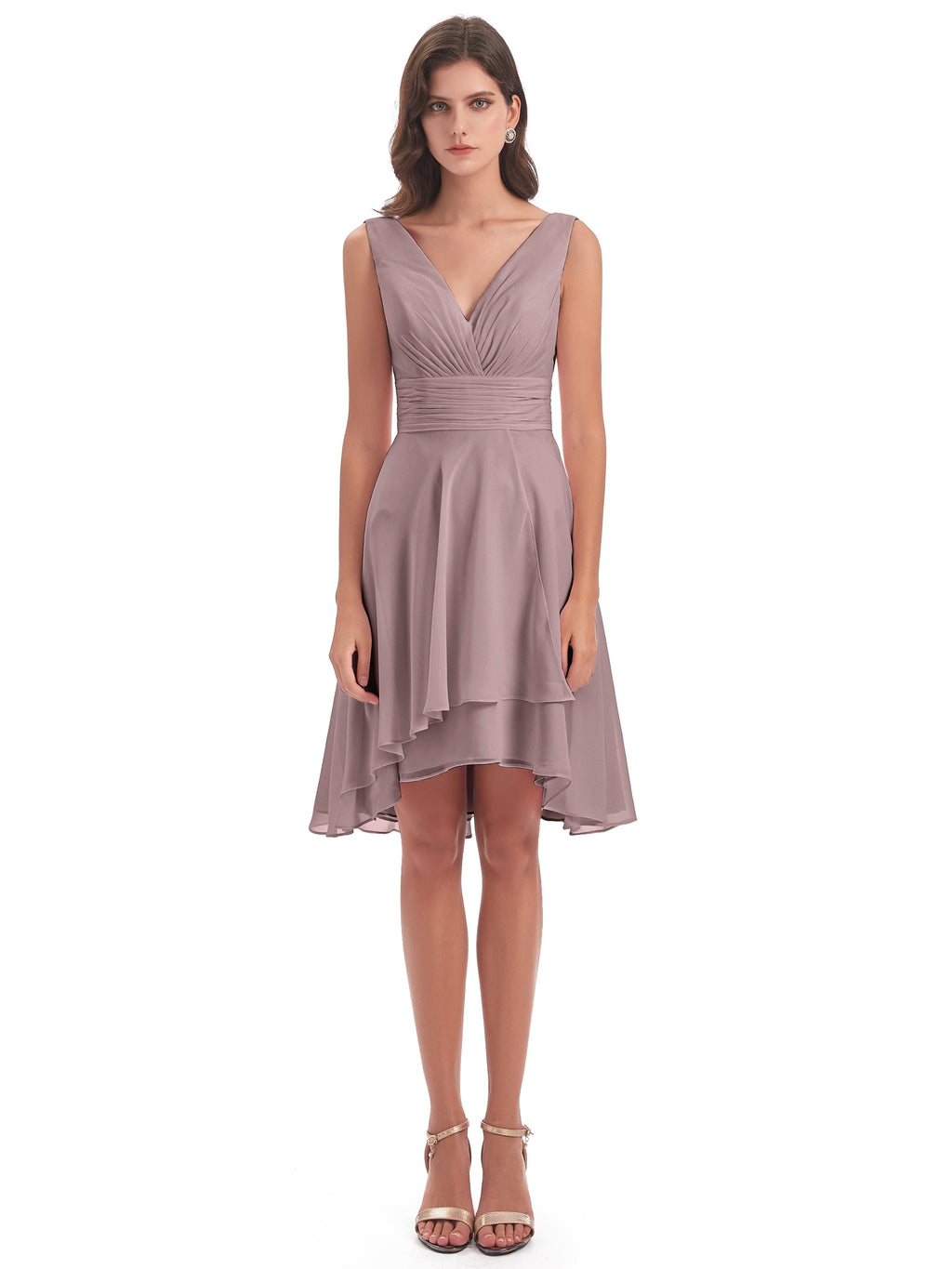 Esperanza Knee Length High Low V-neck Chiffon Bridesmaid Dresses