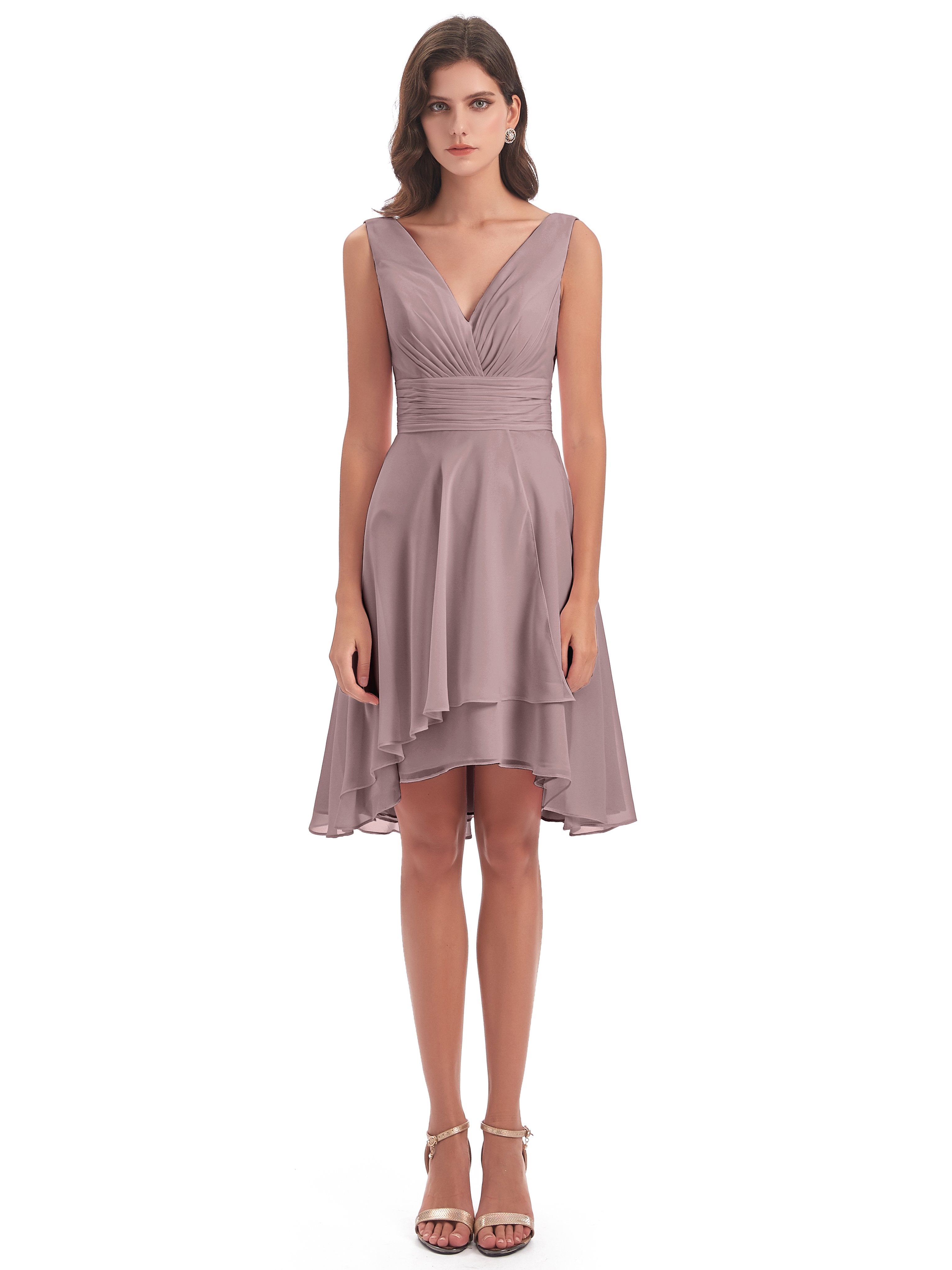 Esperanza Knee Length High Low V-neck Chiffon Bridesmaid Dresses