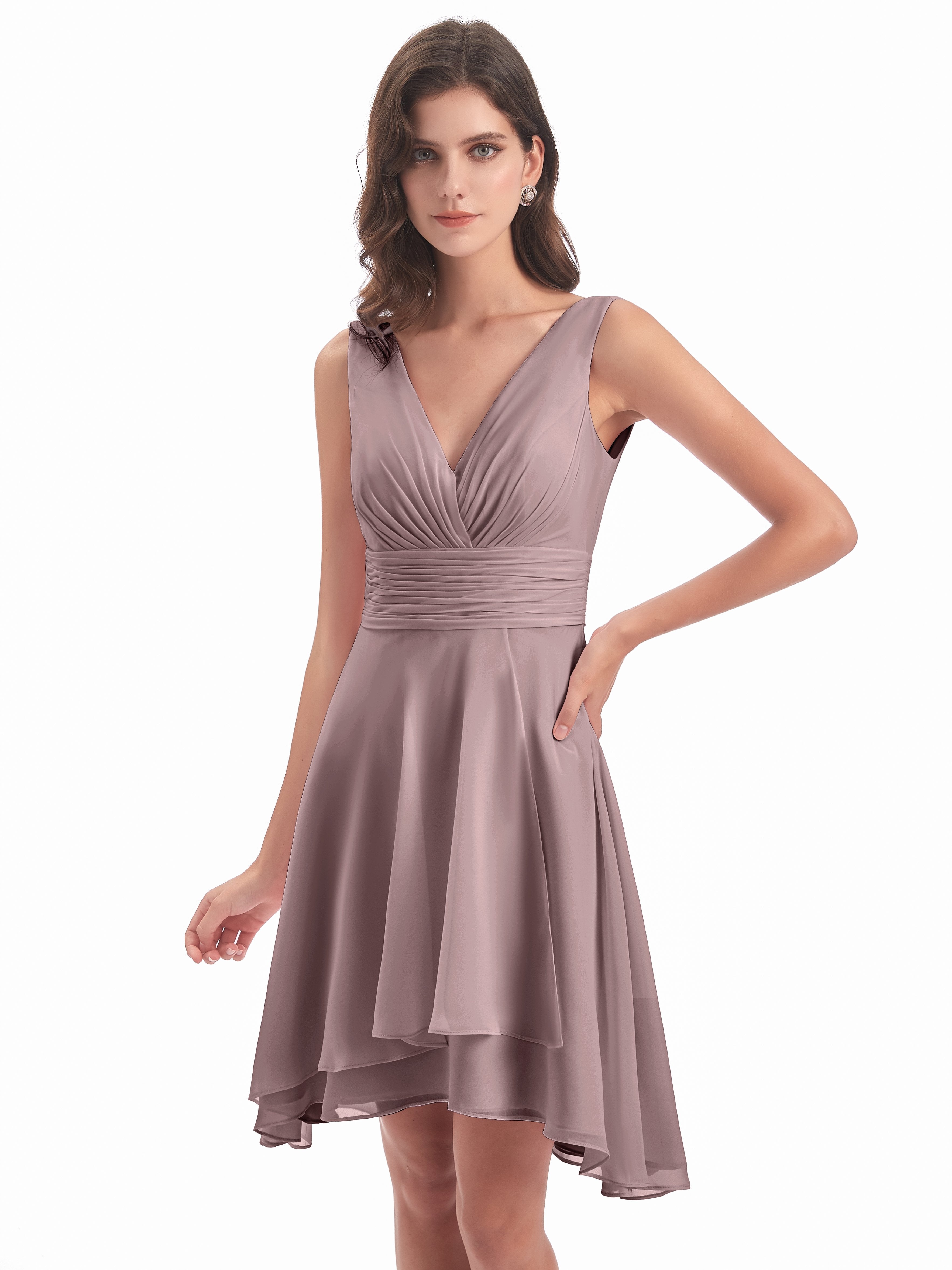 Esperanza Knee Length High Low V-neck Chiffon Bridesmaid Dresses