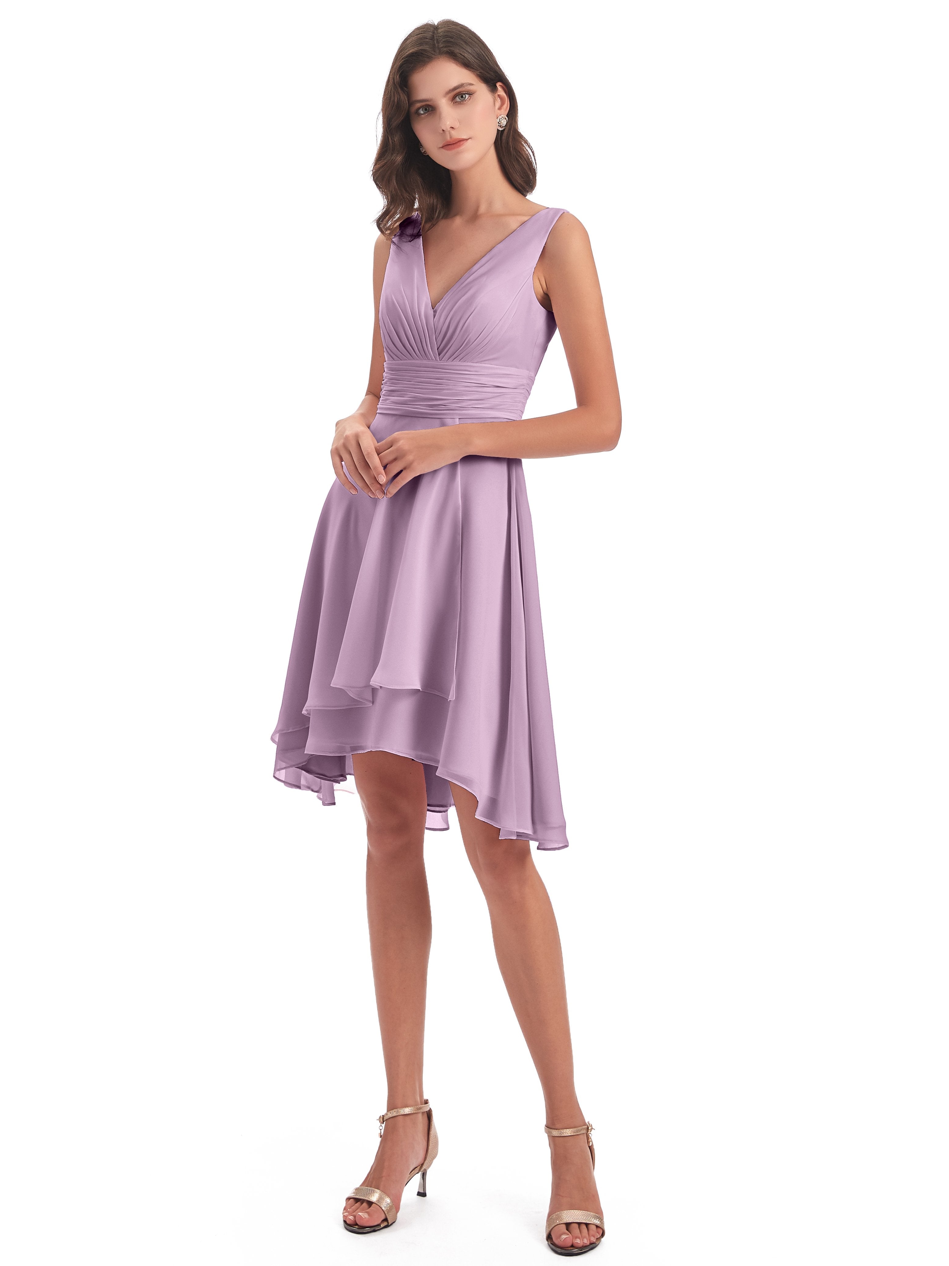 Esperanza Knee Length High Low V-neck Chiffon Bridesmaid Dresses