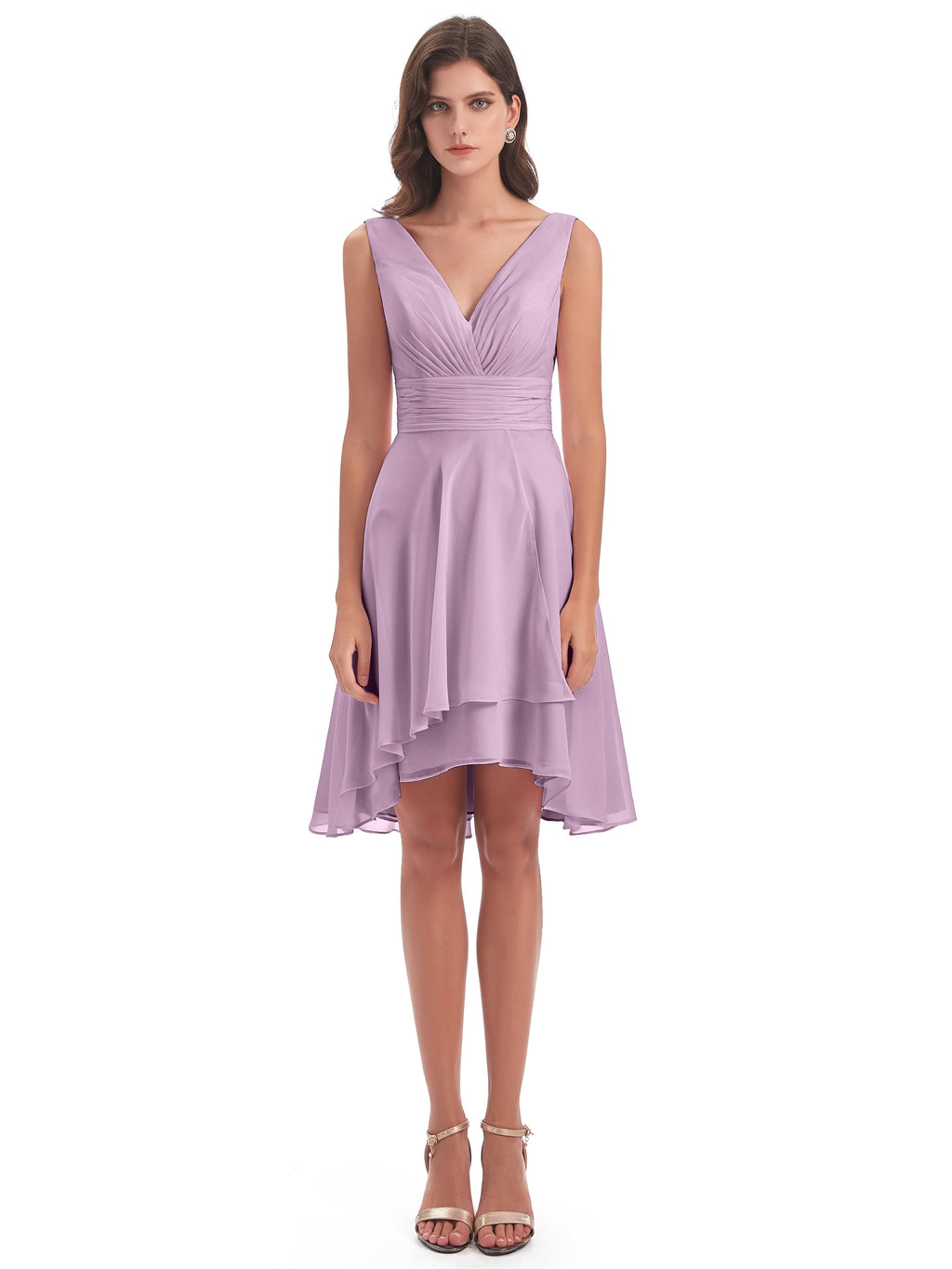 Esperanza Knee Length High Low V-neck Chiffon Bridesmaid Dresses