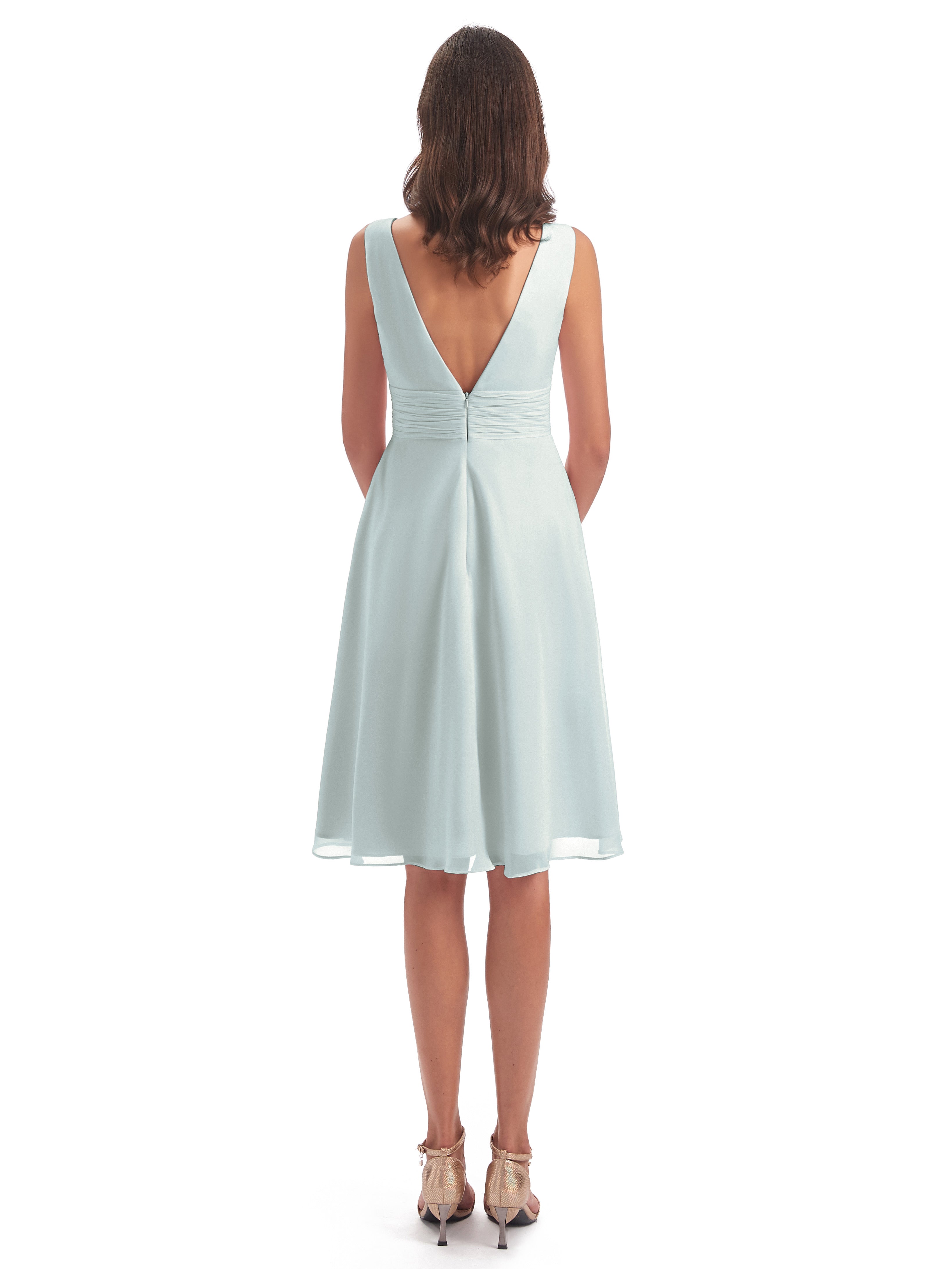 Esperanza Knee Length High Low V-neck Chiffon Bridesmaid Dresses