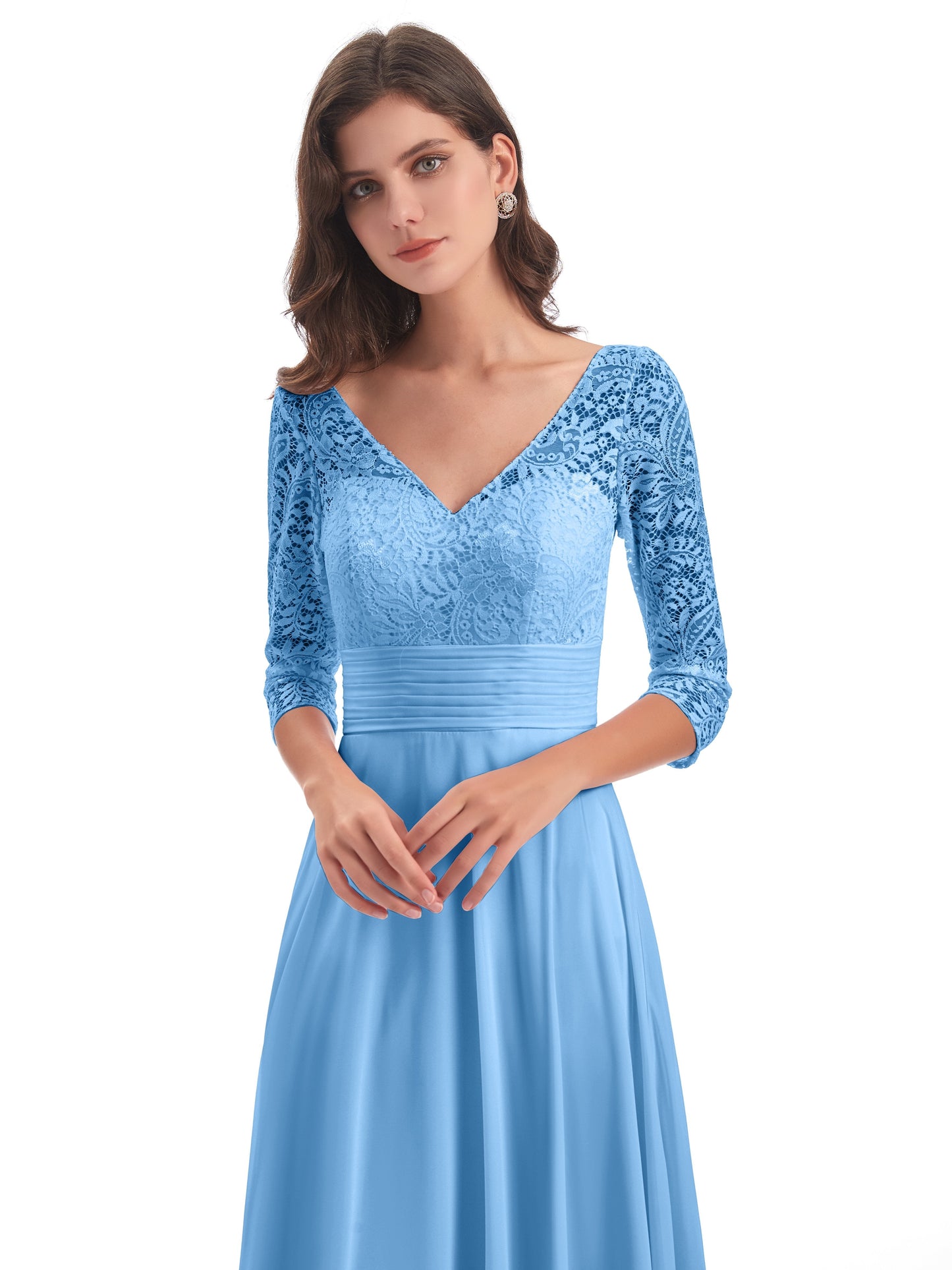 Florence V-Neck 3/4 Length Sleeves Lace Bridesmaid Dresses