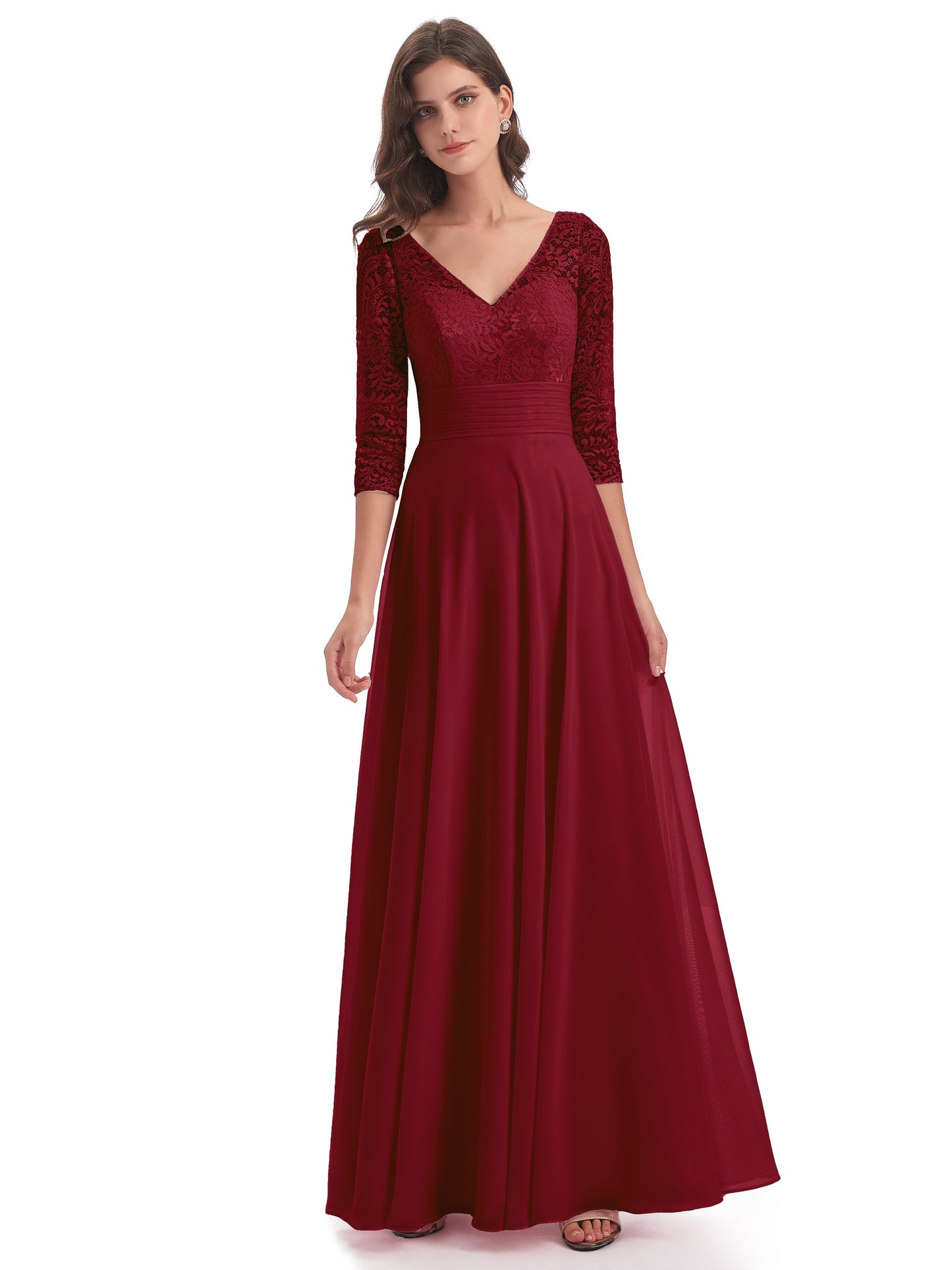 Florence V-Neck 3/4 Length Sleeves Lace Bridesmaid Dresses