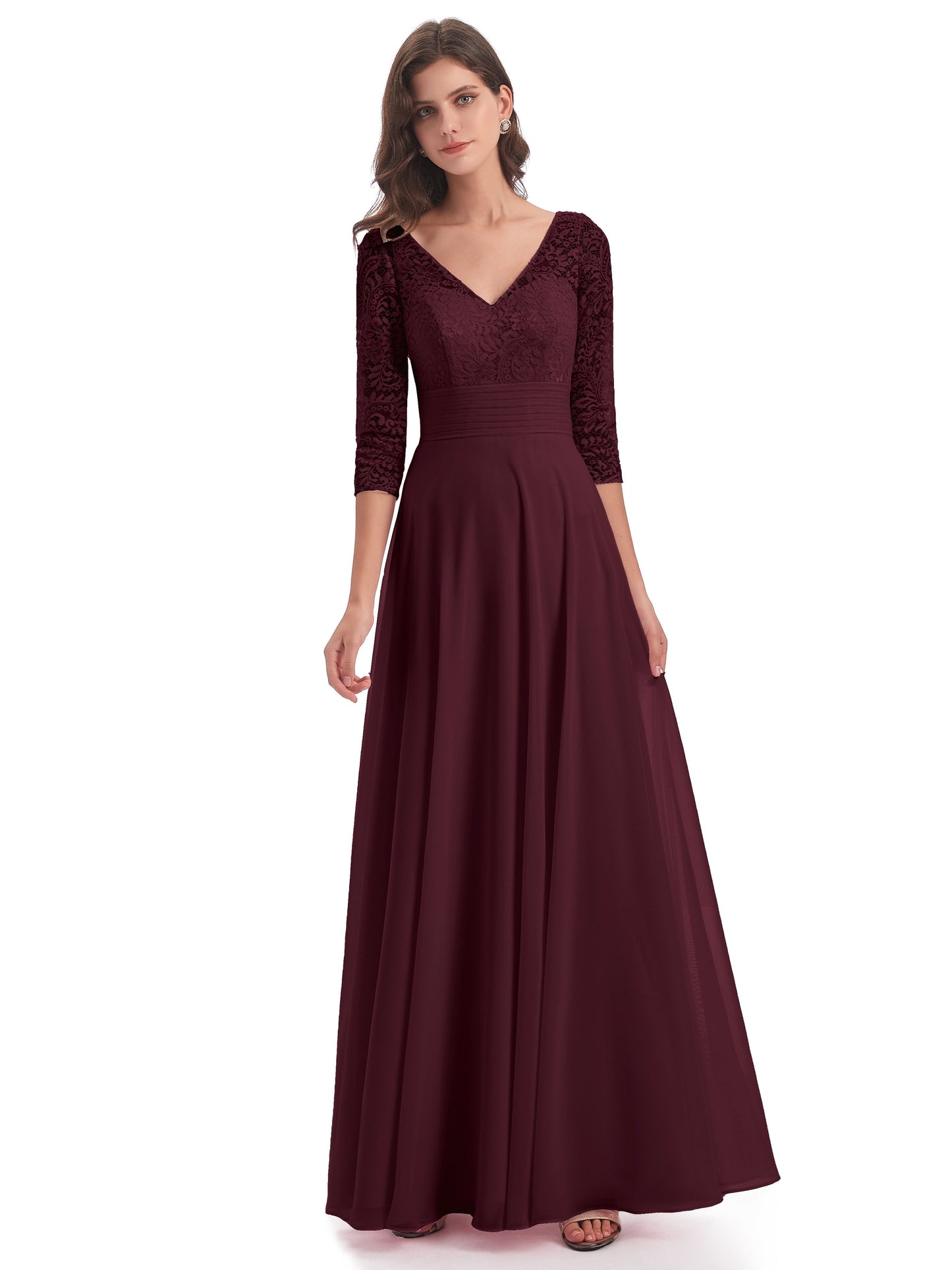 Florence V-Neck 3/4 Length Sleeves Lace Bridesmaid Dresses
