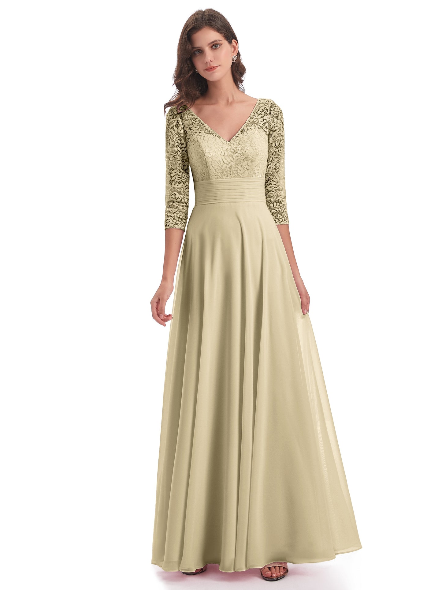Florence V-Neck 3/4 Length Sleeves Lace Bridesmaid Dresses