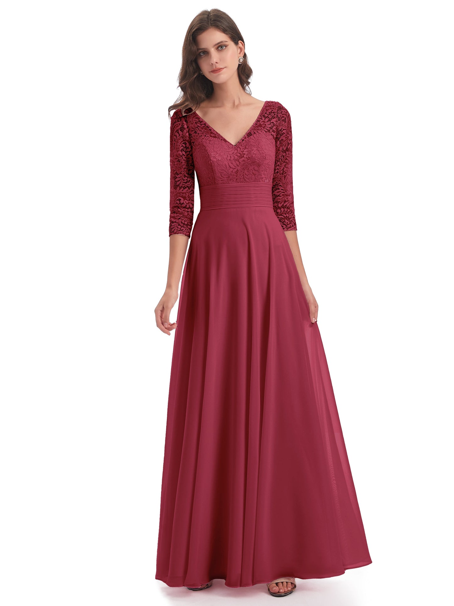 Florence V-Neck 3/4 Length Sleeves Lace Bridesmaid Dresses