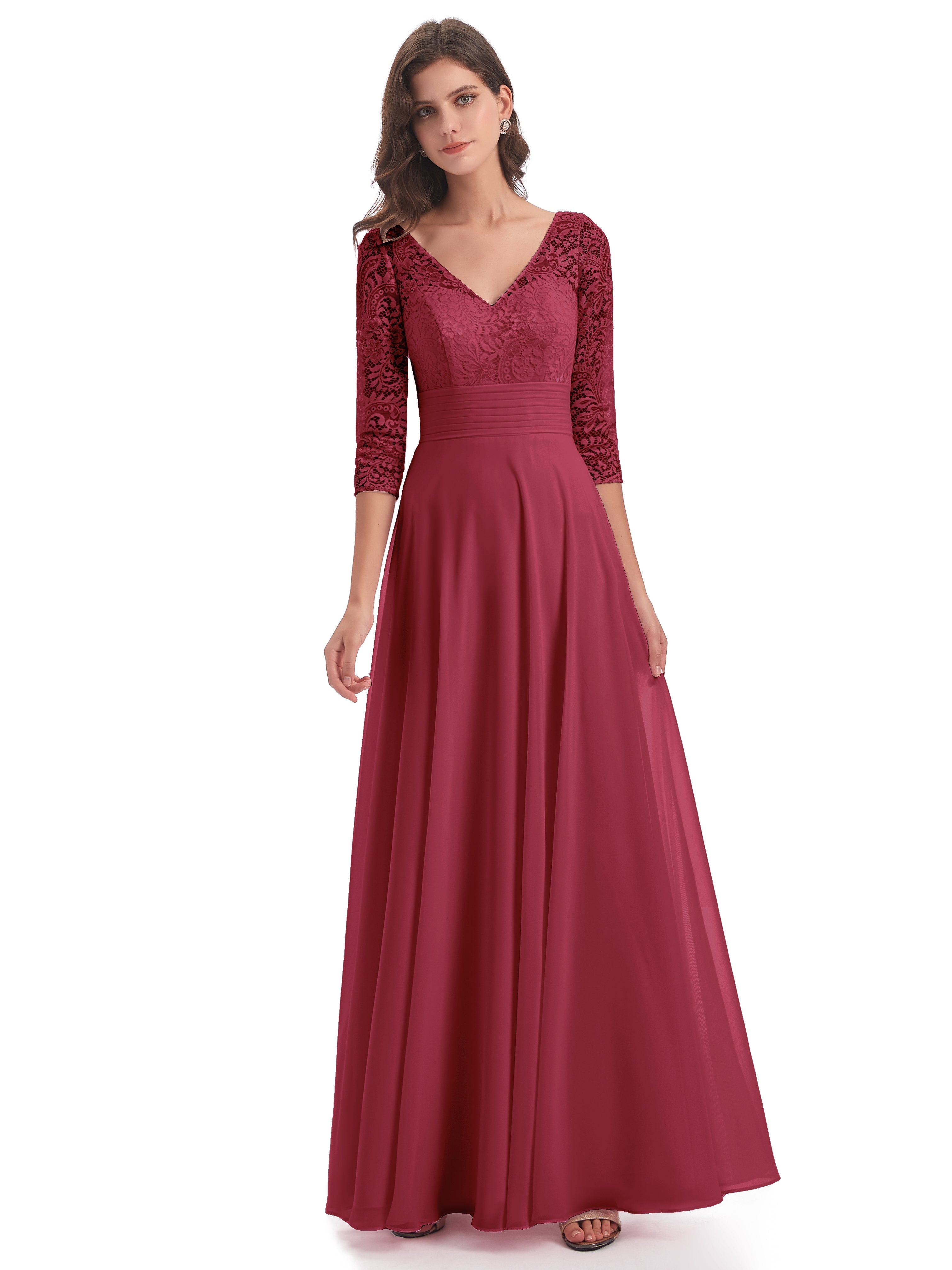 Florence V-Neck 3/4 Length Sleeves Lace Bridesmaid Dresses