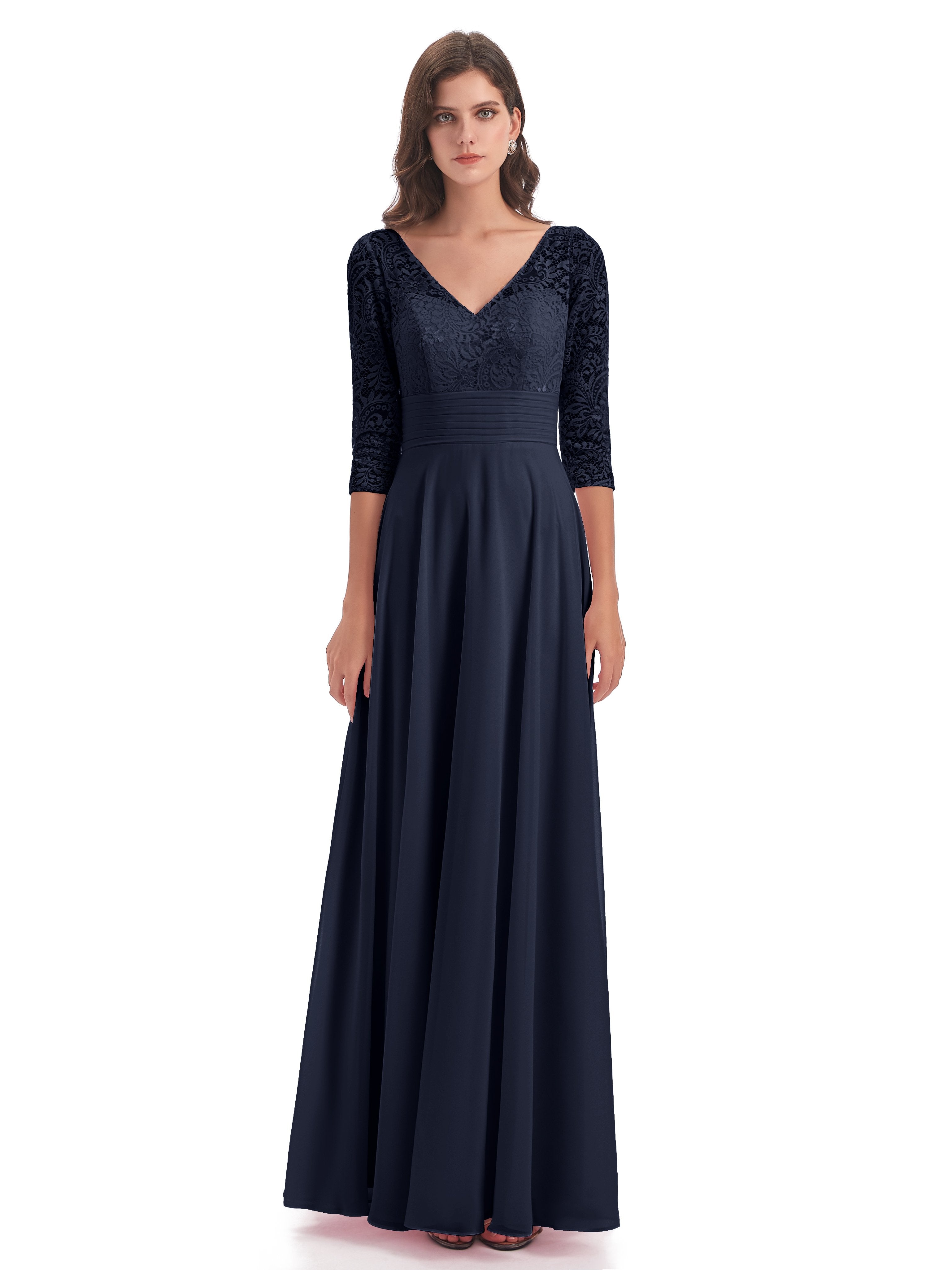 Florence V-Neck 3/4 Length Sleeves Lace Bridesmaid Dresses