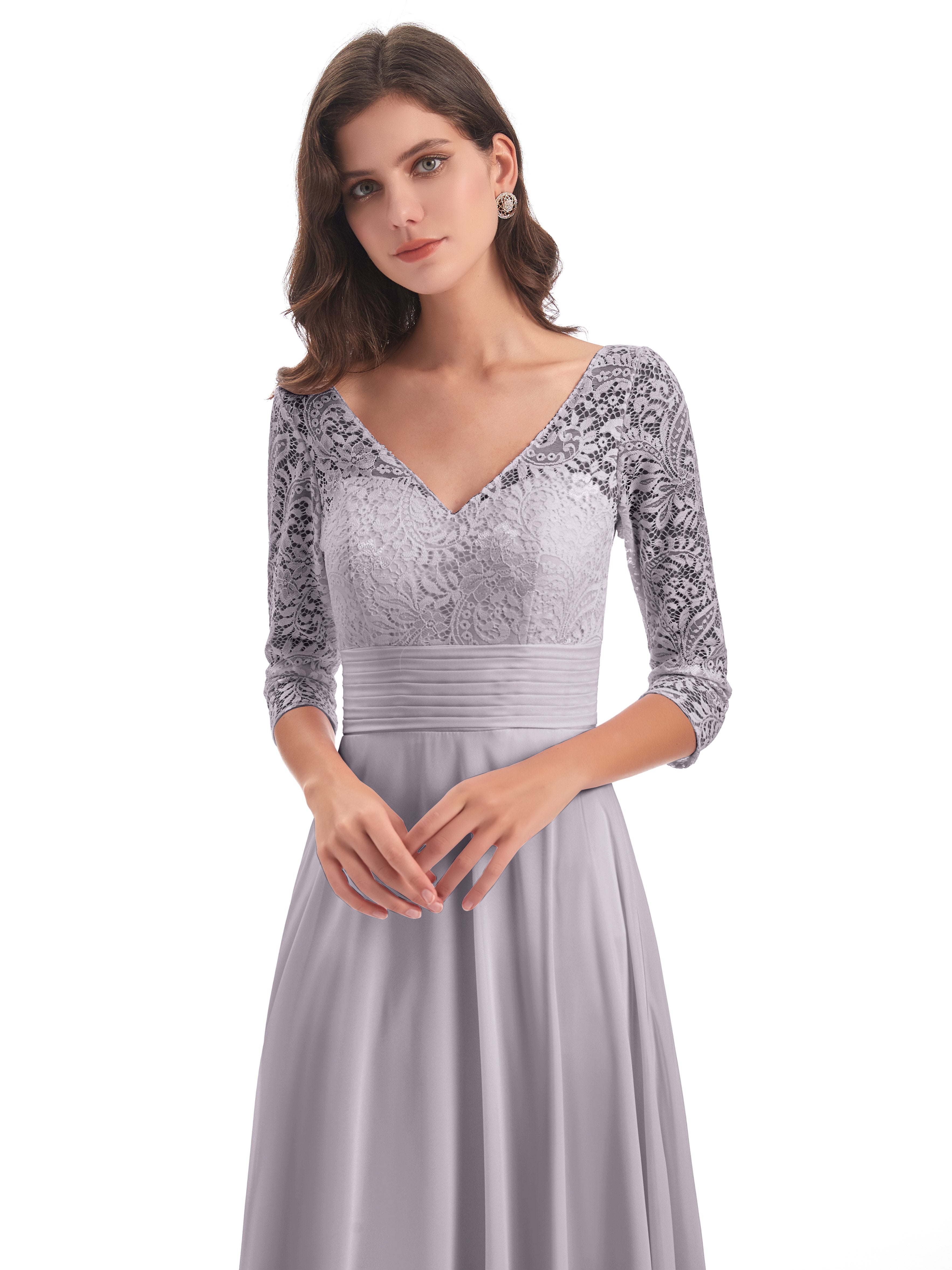 Florence V-Neck 3/4 Length Sleeves Lace Bridesmaid Dresses