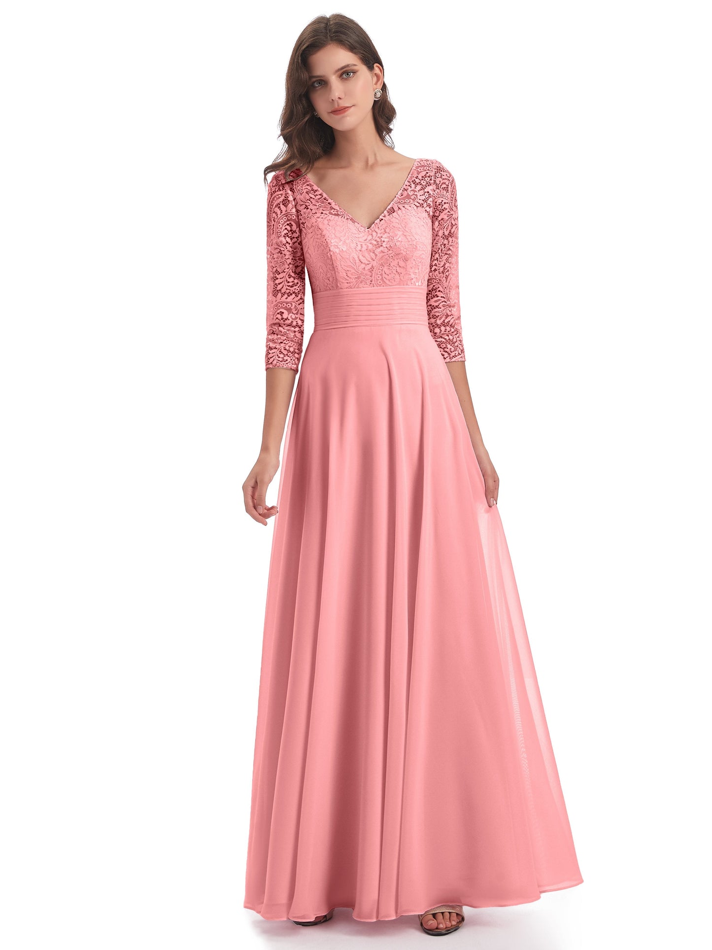 Florence V-Neck 3/4 Length Sleeves Lace Bridesmaid Dresses
