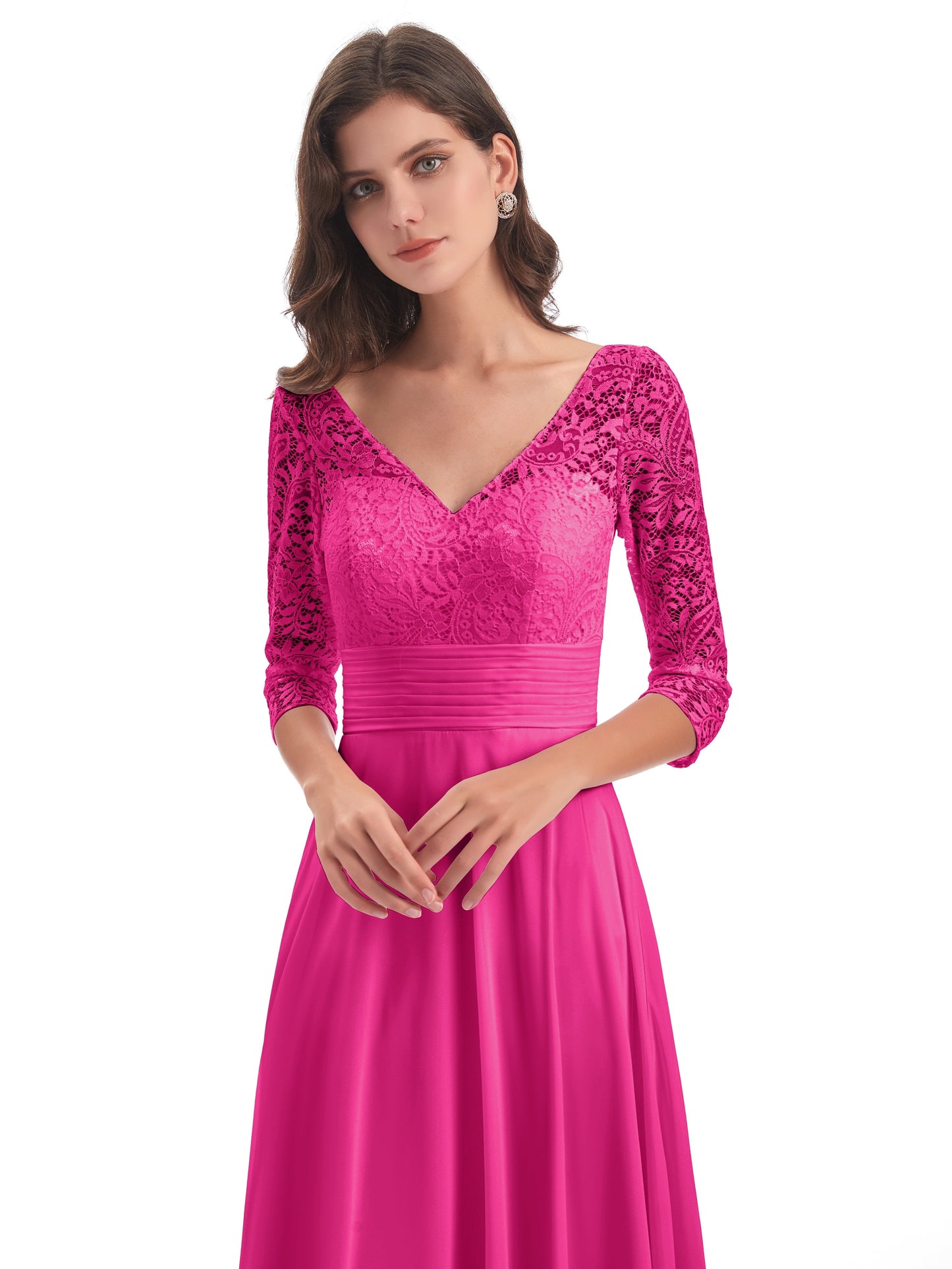 Florence V-Neck 3/4 Length Sleeves Lace Bridesmaid Dresses