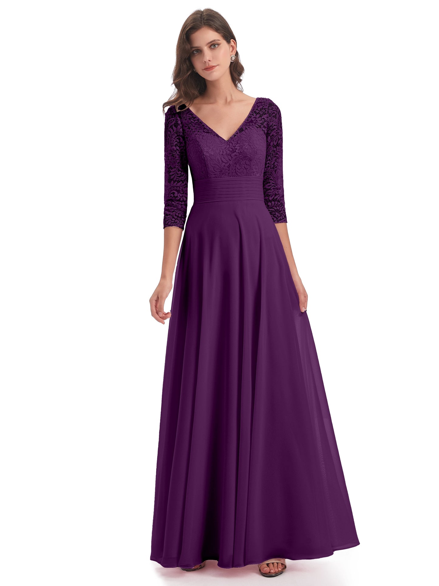 Florence V-Neck 3/4 Length Sleeves Lace Bridesmaid Dresses