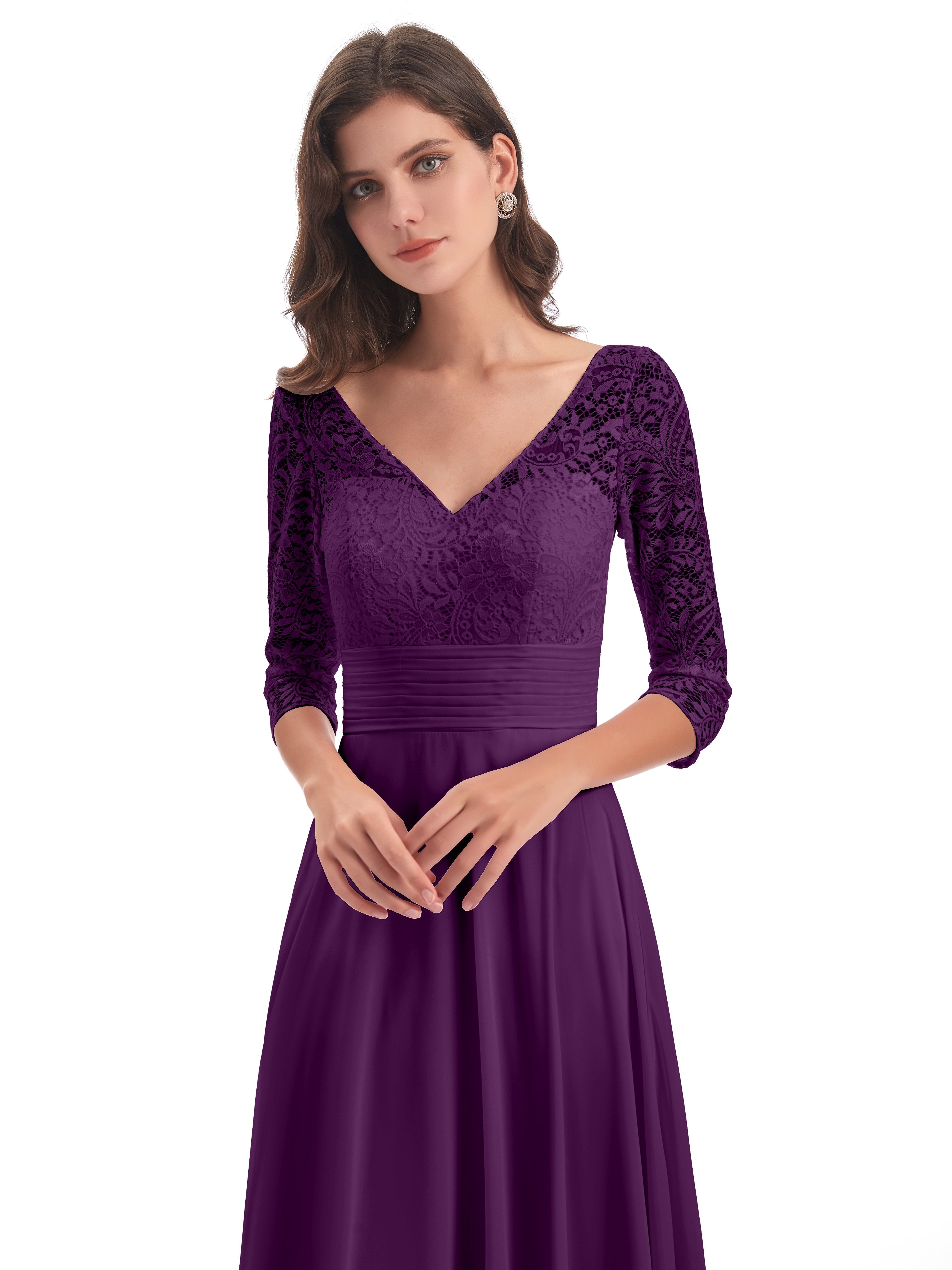 Florence V-Neck 3/4 Length Sleeves Lace Bridesmaid Dresses