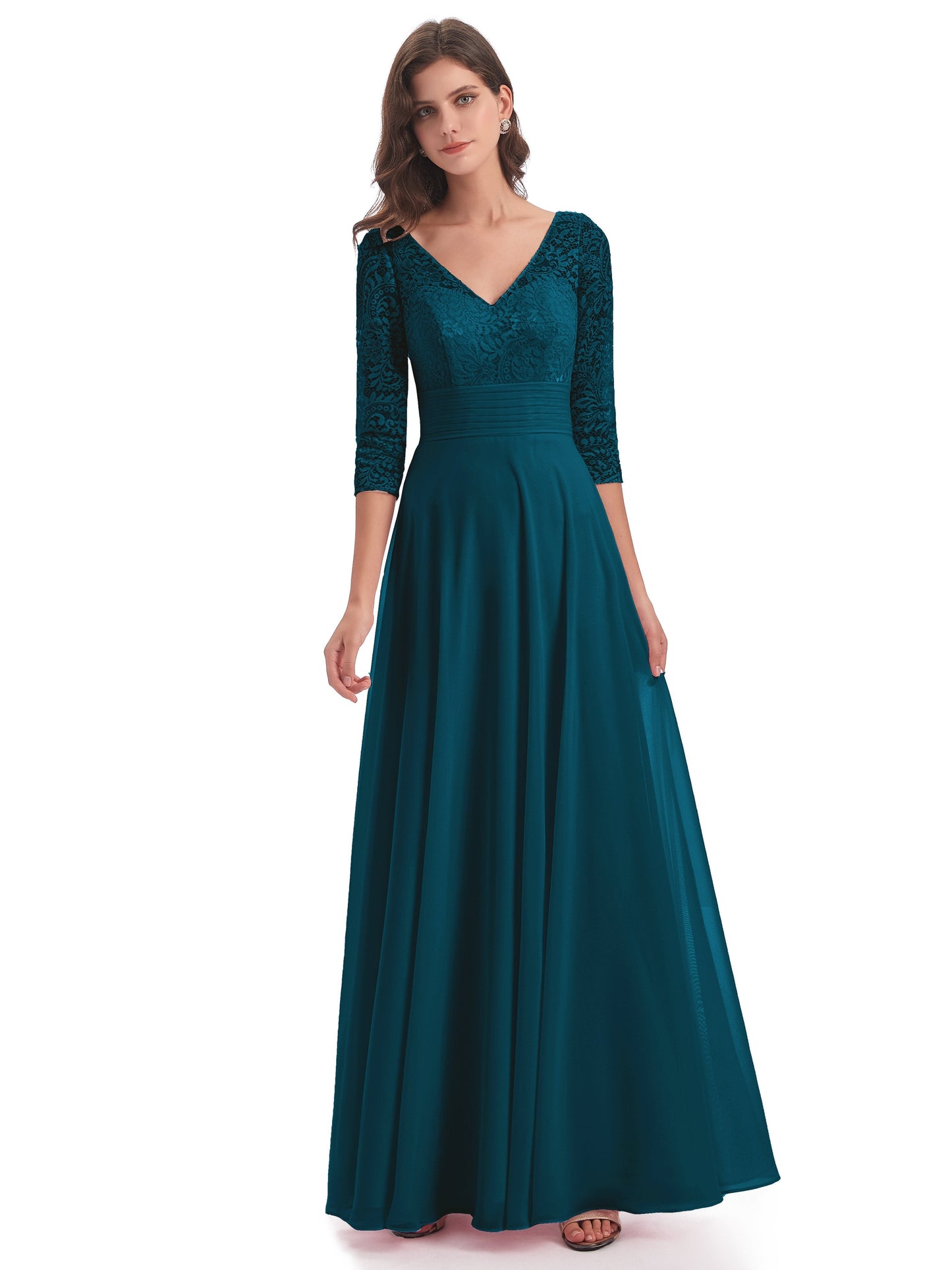 Florence V-Neck 3/4 Length Sleeves Lace Bridesmaid Dresses