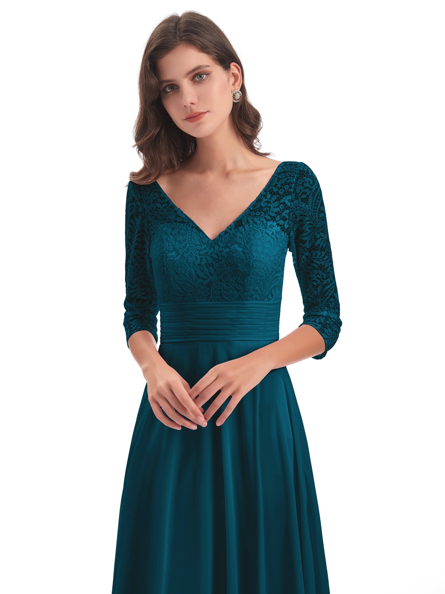 Florence V-Neck 3/4 Length Sleeves Lace Bridesmaid Dresses