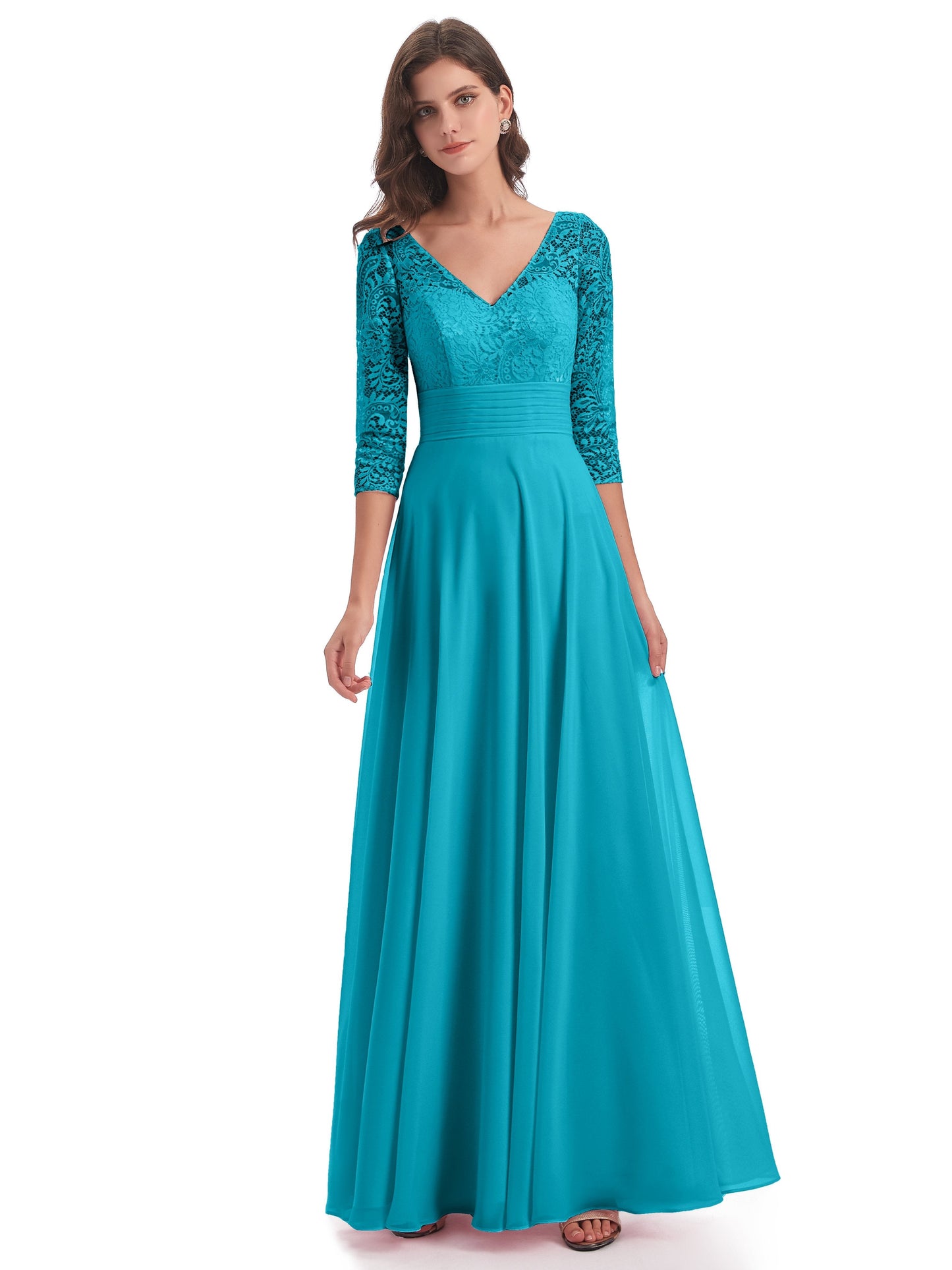 Florence V-Neck 3/4 Length Sleeves Lace Bridesmaid Dresses