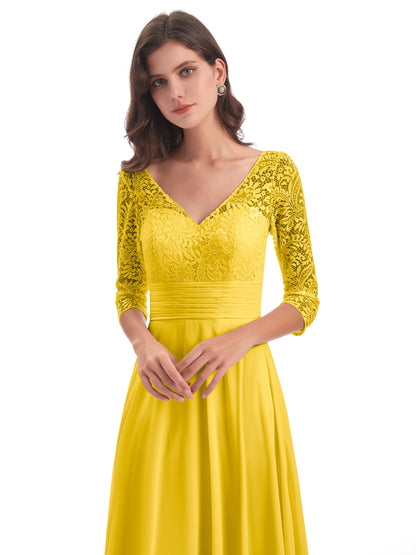 Florence V-Neck 3/4 Length Sleeves Lace Bridesmaid Dresses