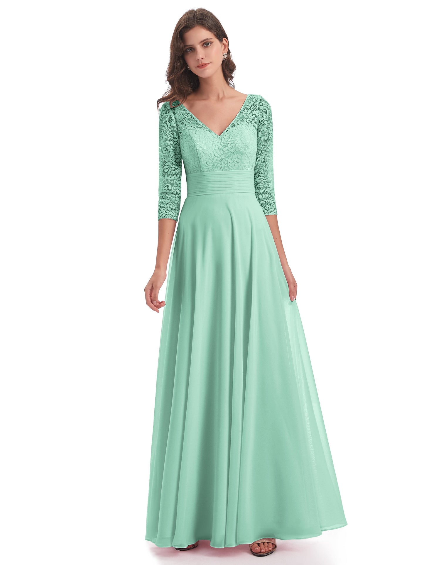 Florence V-Neck 3/4 Length Sleeves Lace Bridesmaid Dresses