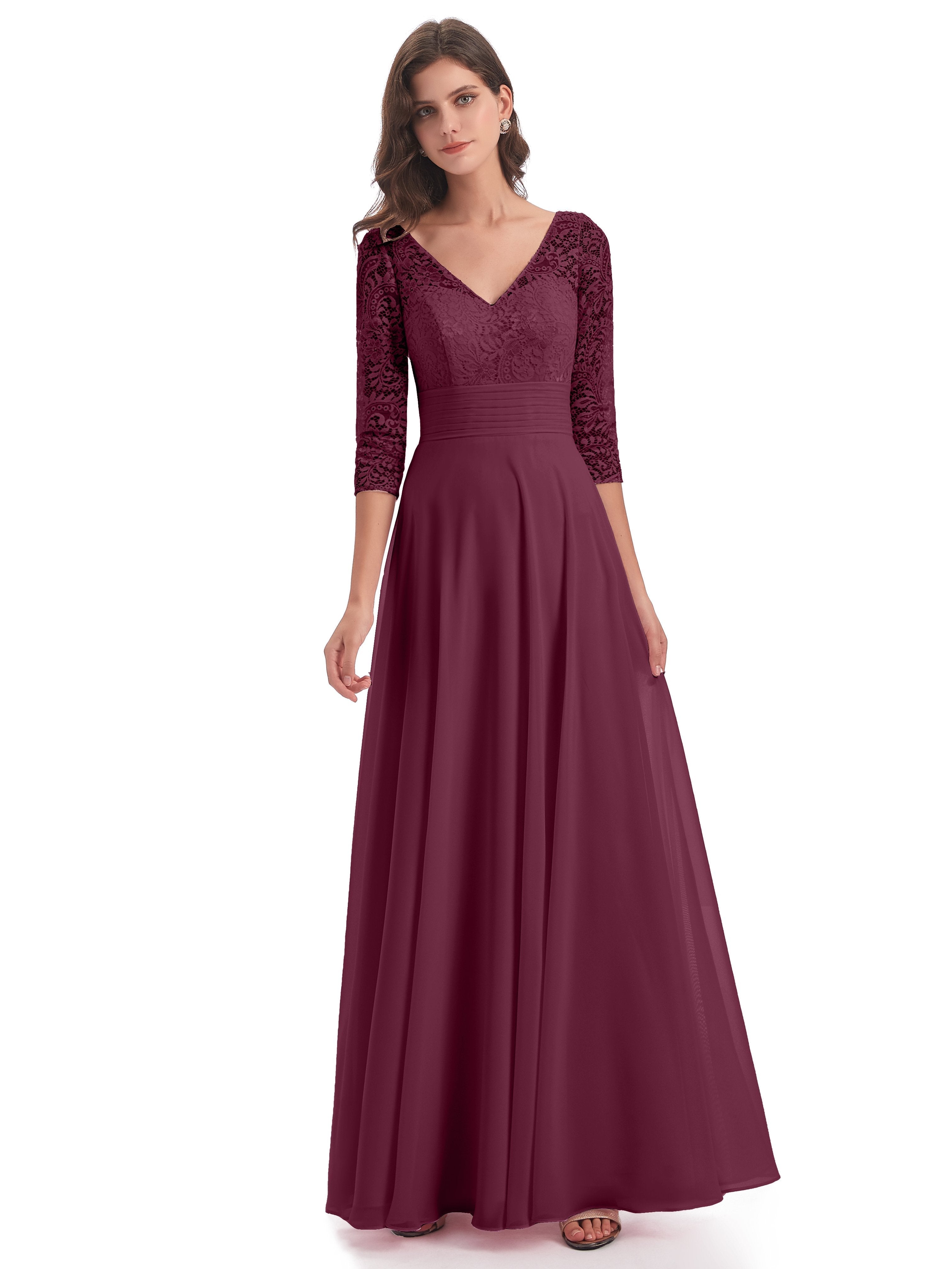 Florence V-Neck 3/4 Length Sleeves Lace Bridesmaid Dresses