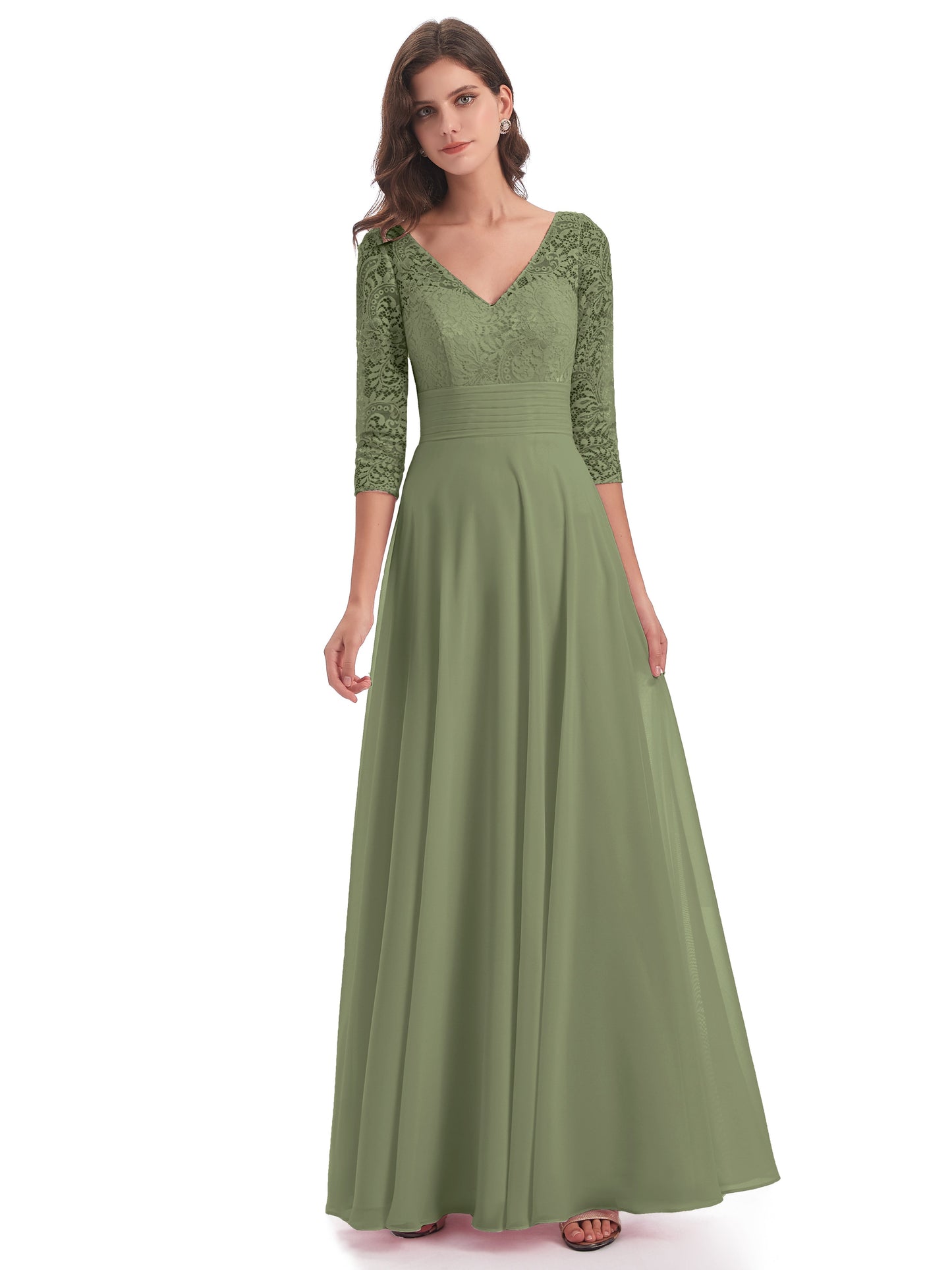 Florence V-Neck 3/4 Length Sleeves Lace Bridesmaid Dresses