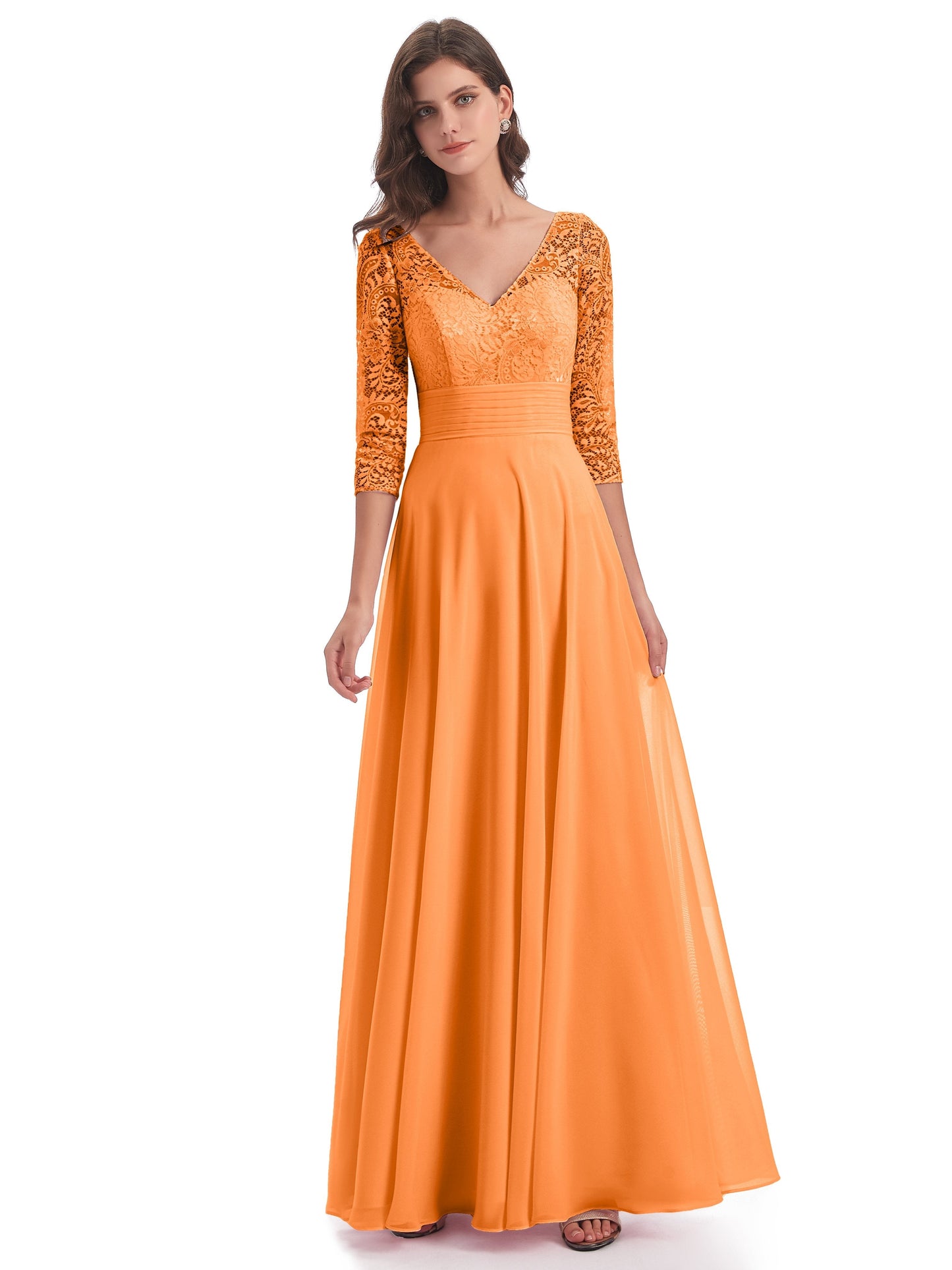 Florence V-Neck 3/4 Length Sleeves Lace Bridesmaid Dresses