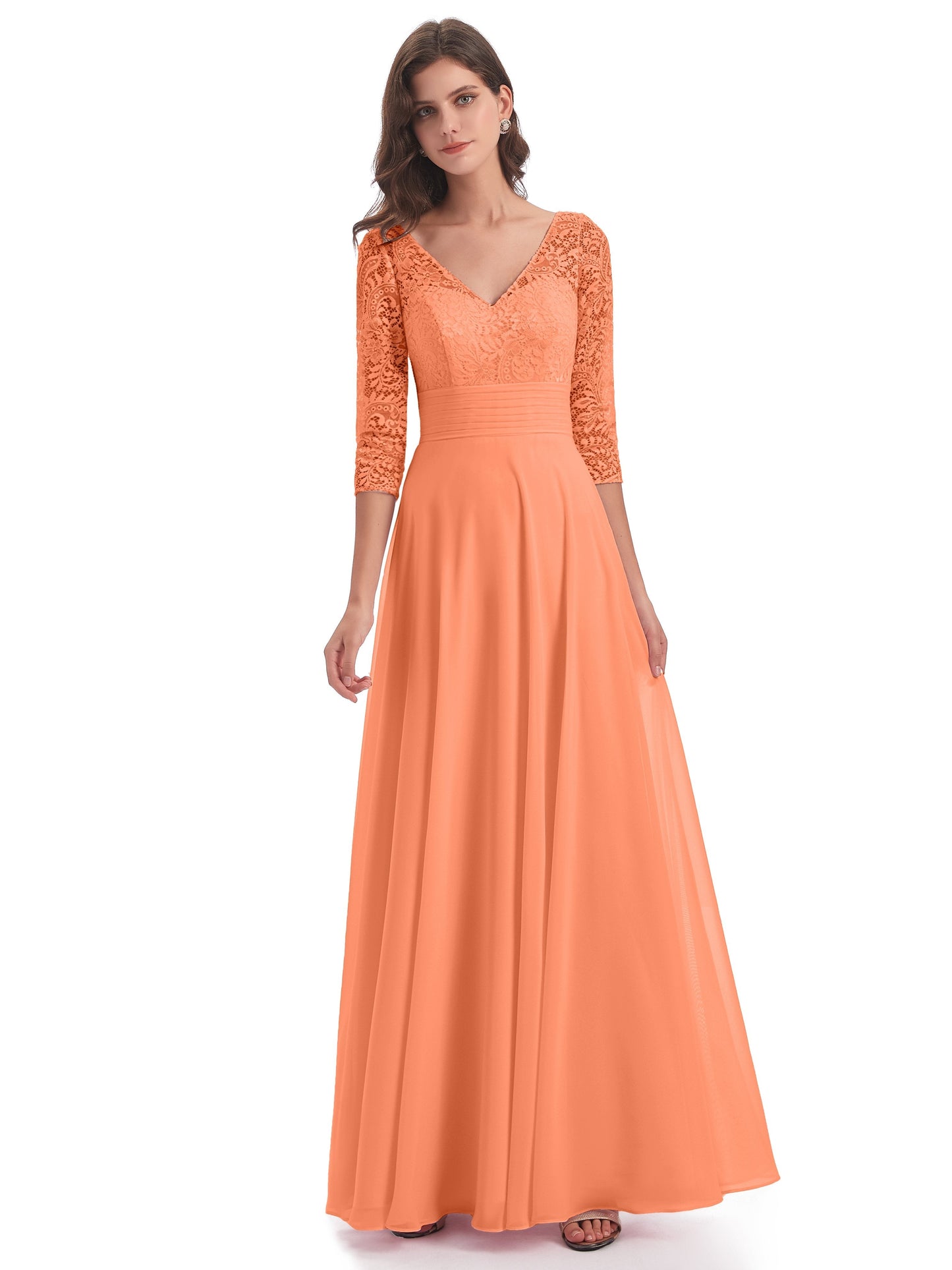 Florence V-Neck 3/4 Length Sleeves Lace Bridesmaid Dresses