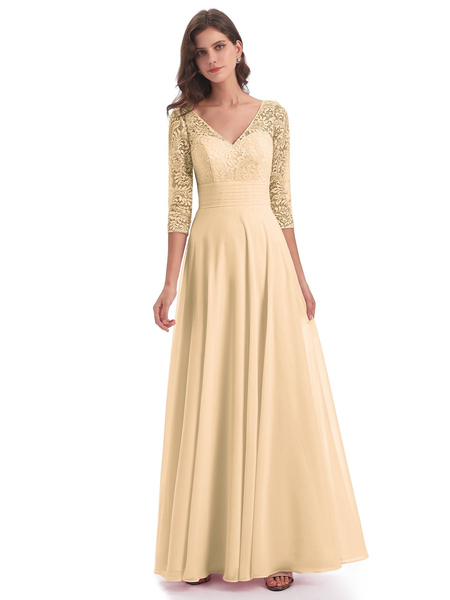 Florence V-Neck 3/4 Length Sleeves Lace Bridesmaid Dresses