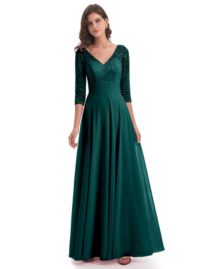 Florence V-Neck 3/4 Length Sleeves Lace Bridesmaid Dresses
