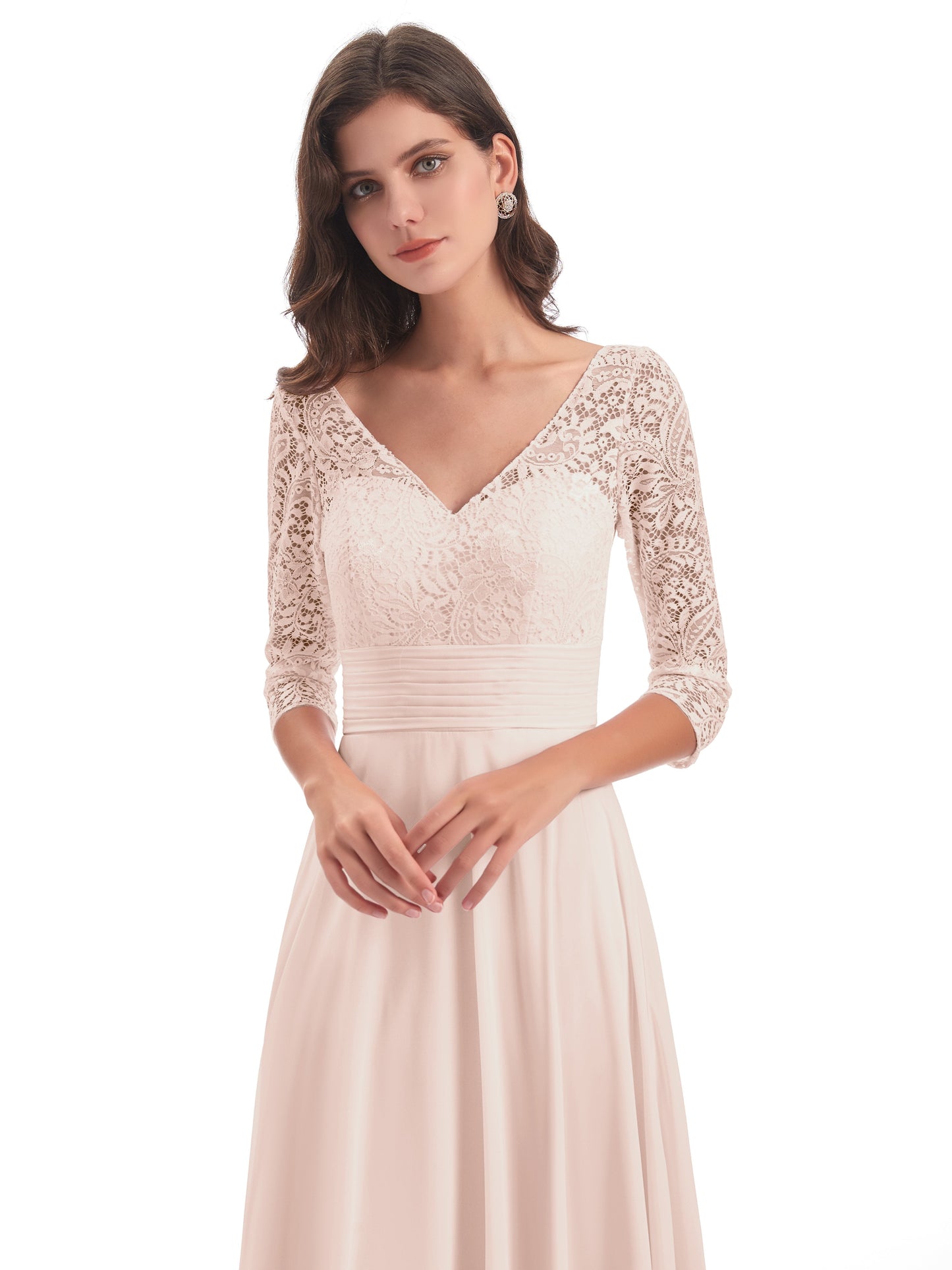 Florence V-Neck 3/4 Length Sleeves Lace Bridesmaid Dresses