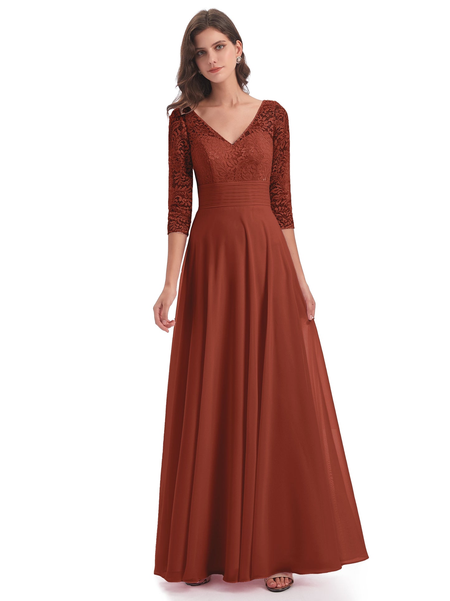 Florence V-Neck 3/4 Length Sleeves Lace Bridesmaid Dresses