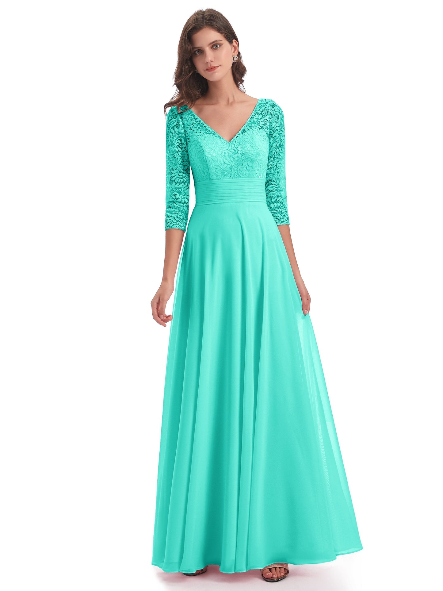Florence V-Neck 3/4 Length Sleeves Lace Bridesmaid Dresses