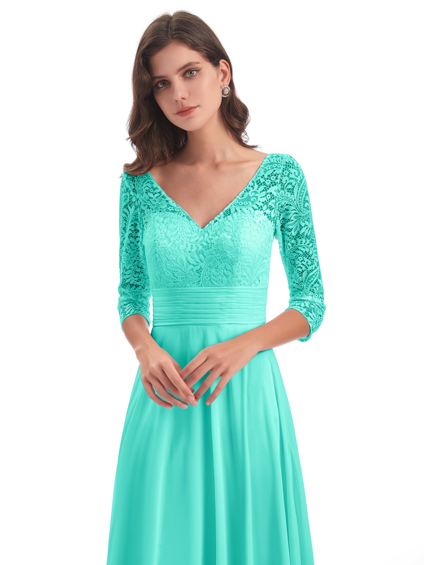 Florence V-Neck 3/4 Length Sleeves Lace Bridesmaid Dresses
