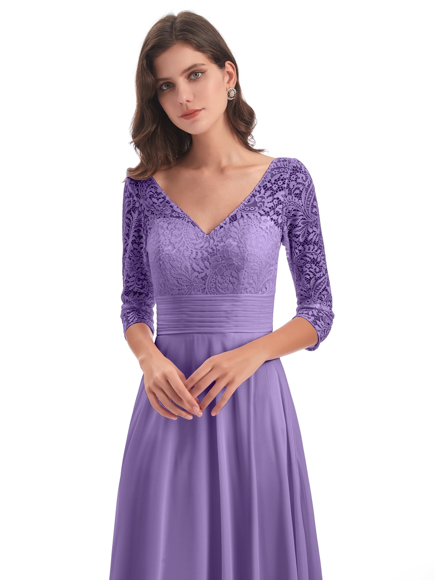 Florence V-Neck 3/4 Length Sleeves Lace Bridesmaid Dresses