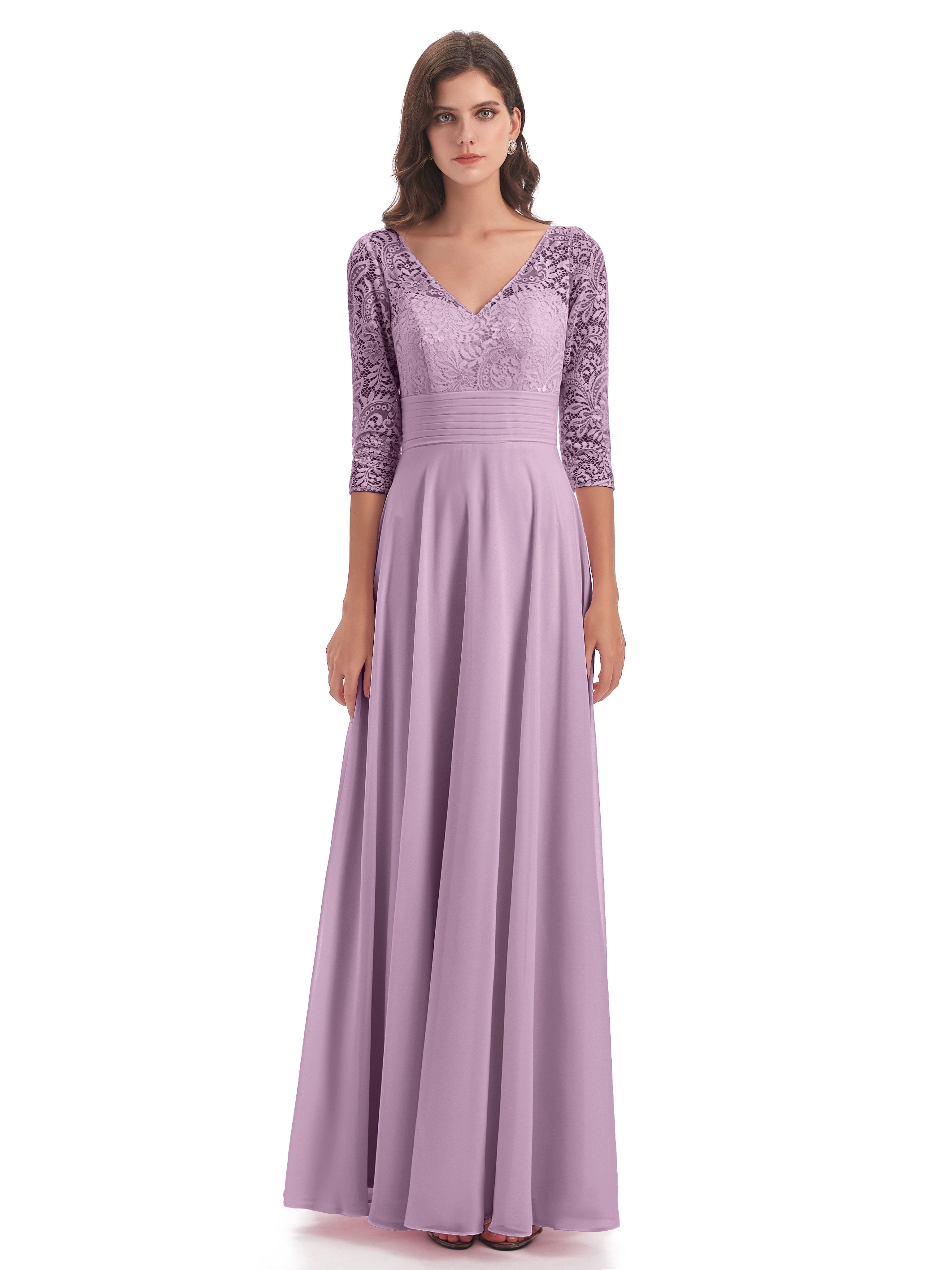 Florence V-Neck 3/4 Length Sleeves Lace Bridesmaid Dresses