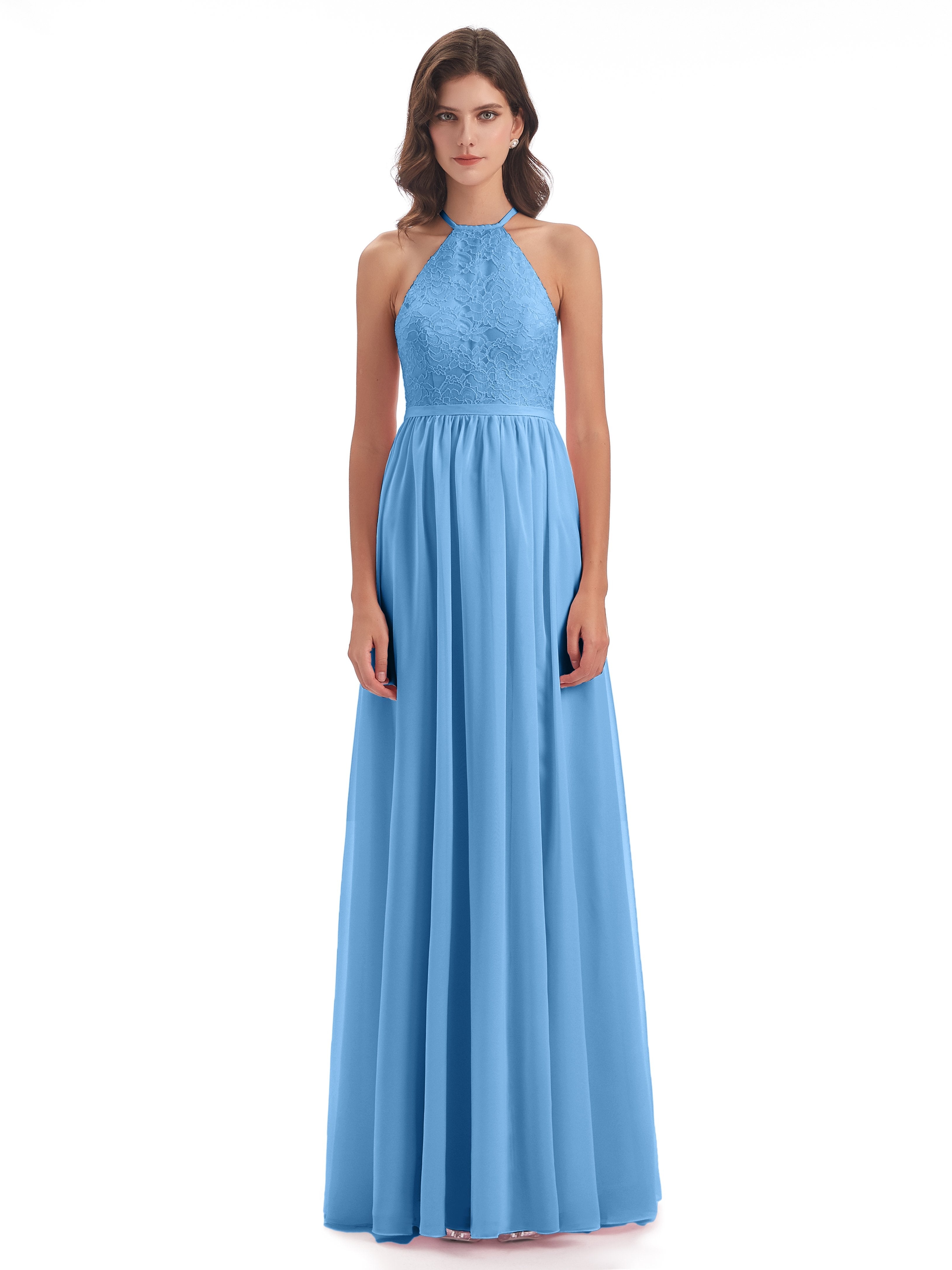 Harper A-line Halter Lace Long Bridesmaid Dresses