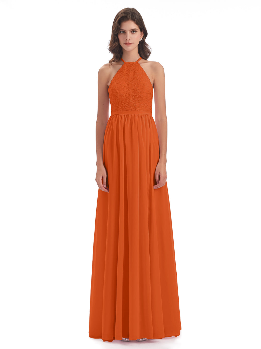 Harper A-line Halter Lace Long Bridesmaid Dresses