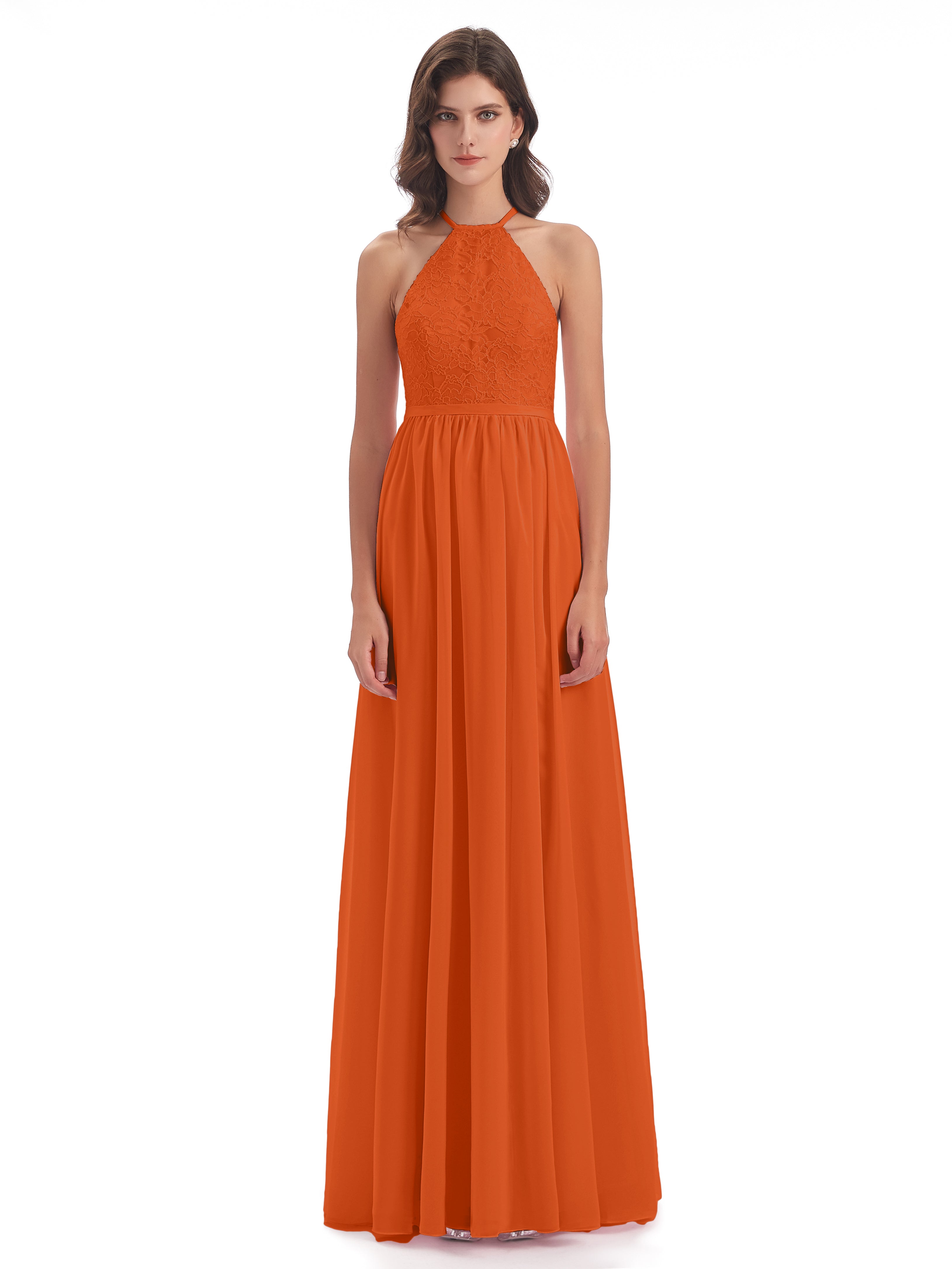 Harper A-line Halter Lace Long Bridesmaid Dresses