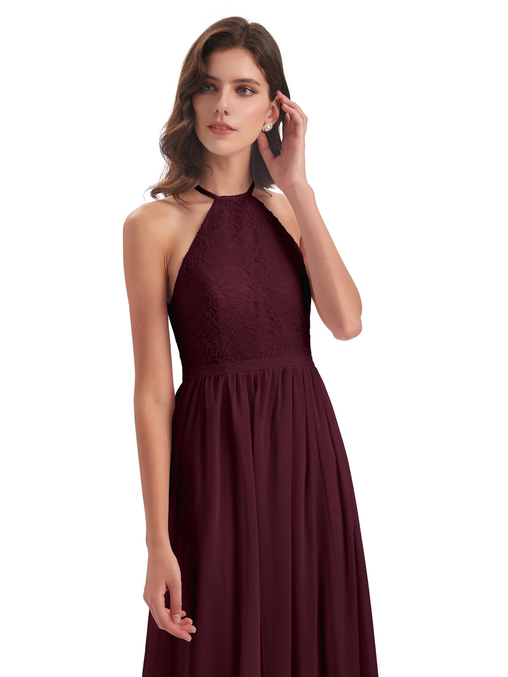 Harper A-line Halter Lace Long Bridesmaid Dresses