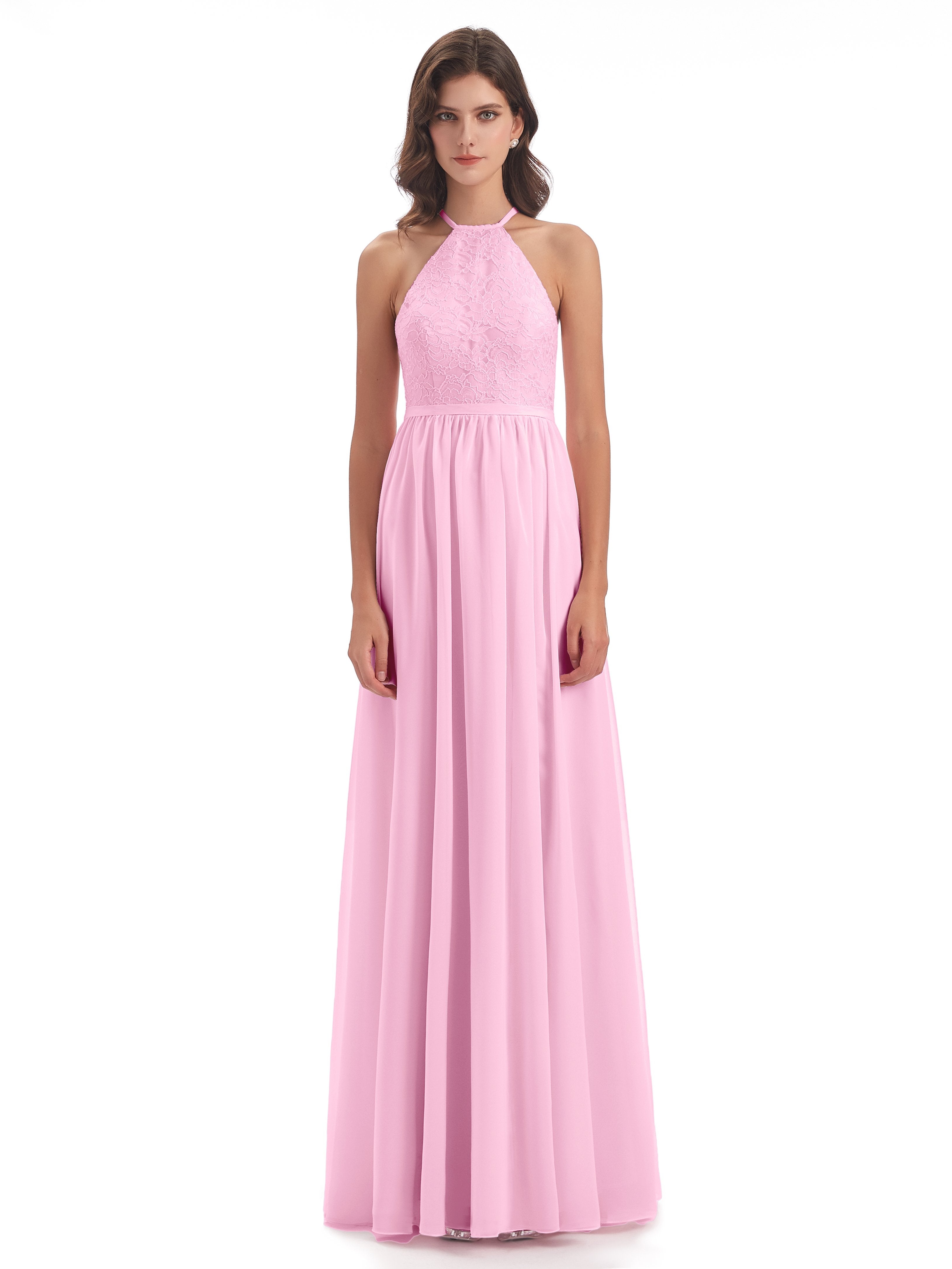 Harper A-line Halter Lace Long Bridesmaid Dresses