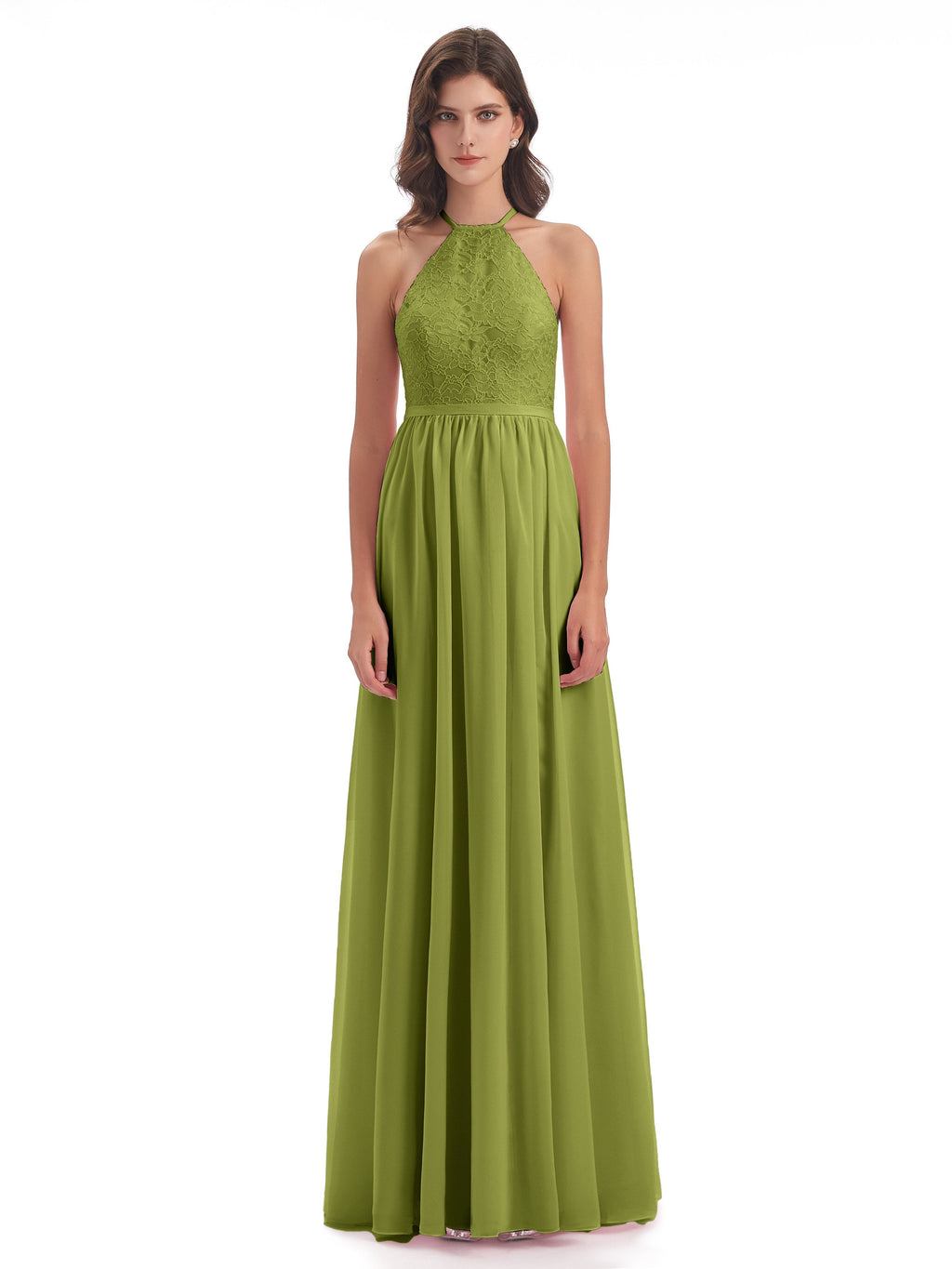 Harper A-line Halter Lace Long Bridesmaid Dresses
