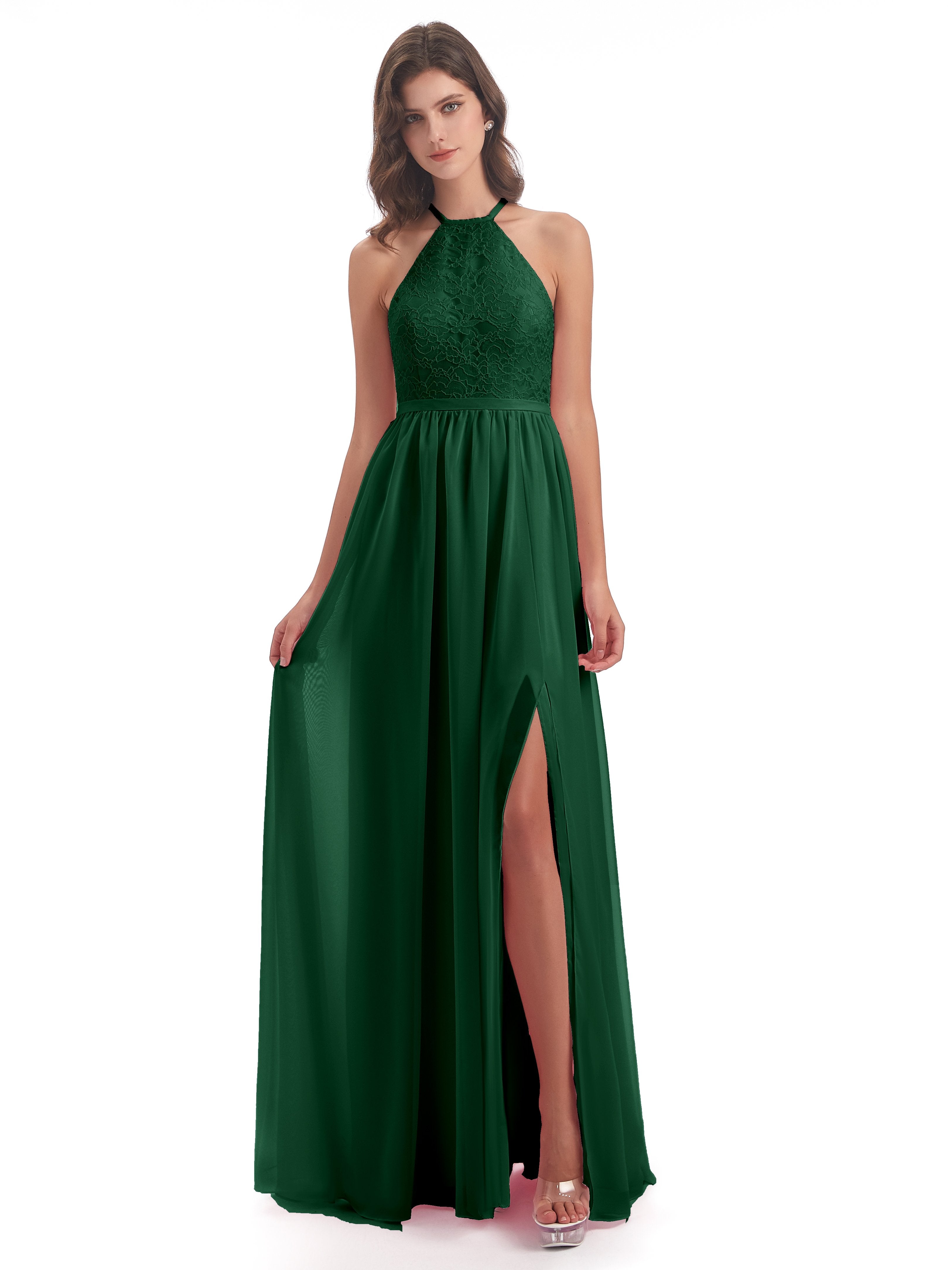 Harper A-line Halter Lace Long Bridesmaid Dresses
