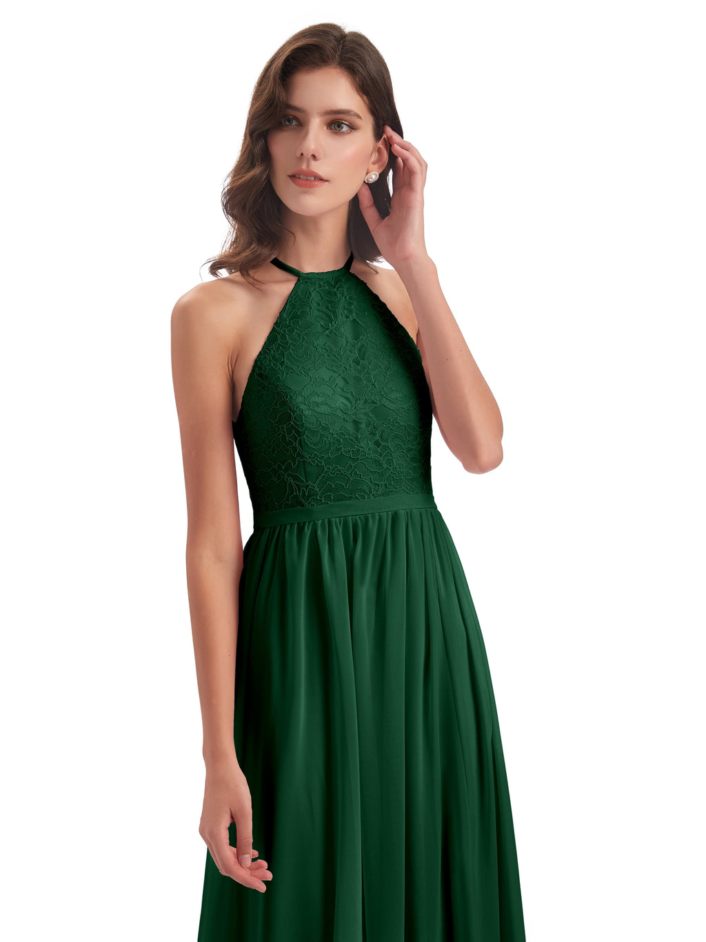 Harper A-line Halter Lace Long Bridesmaid Dresses