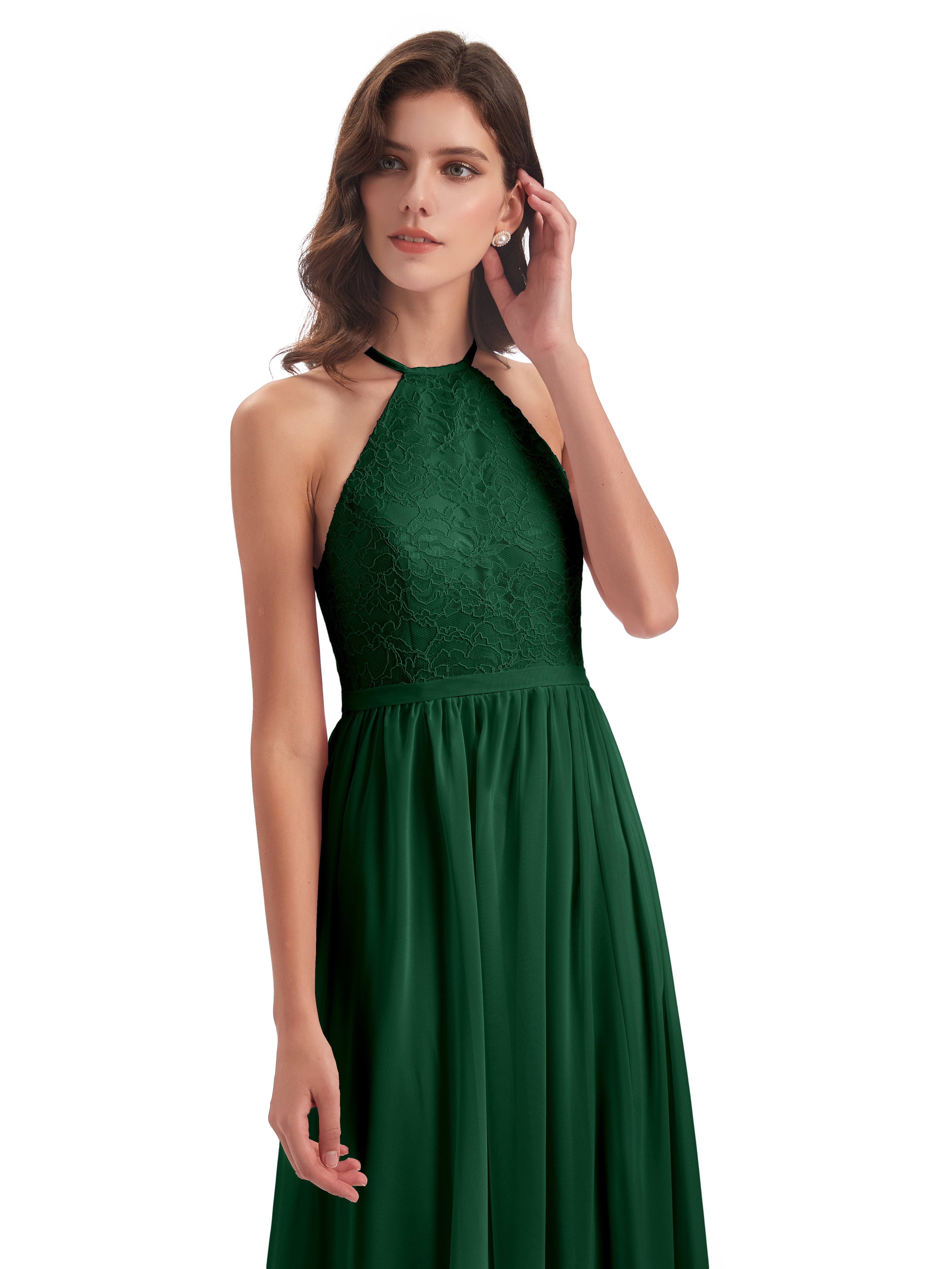 Harper A-line Halter Lace Long Bridesmaid Dresses